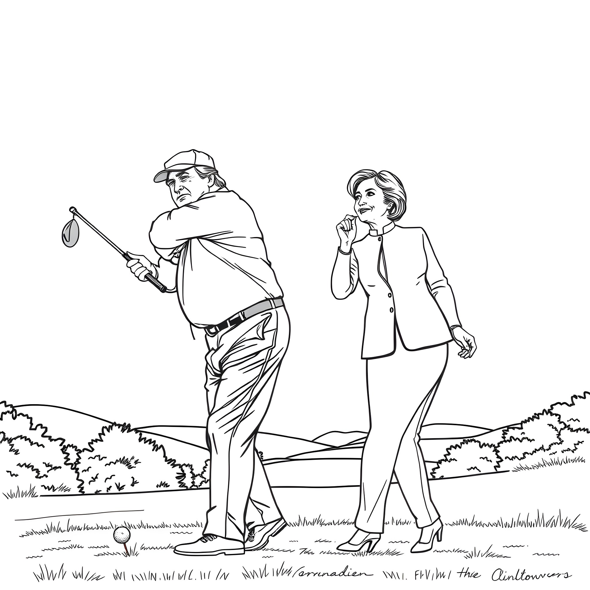 Trump golfing with Hillary Clinton in the park Coloring Page (free black-and-white line drawing printable PDF for all, from beginners to advanced learners, including children, teens, adults, and seniors)