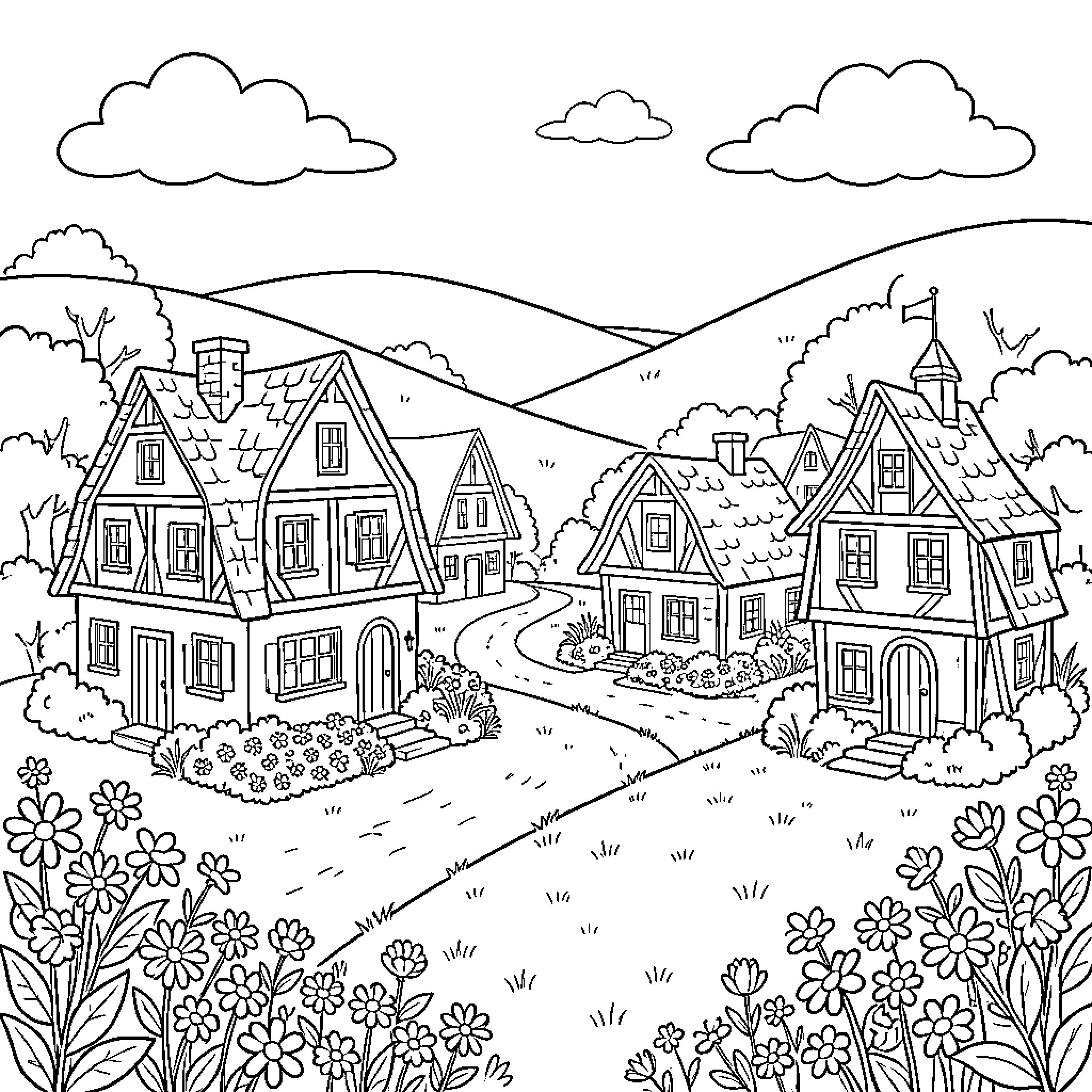 Hill landscape featuring small cozy houses and flowers Coloring Page (free black-and-white line drawing printable PDF for all, from beginners to advanced learners, including children, teens, adults, and seniors)