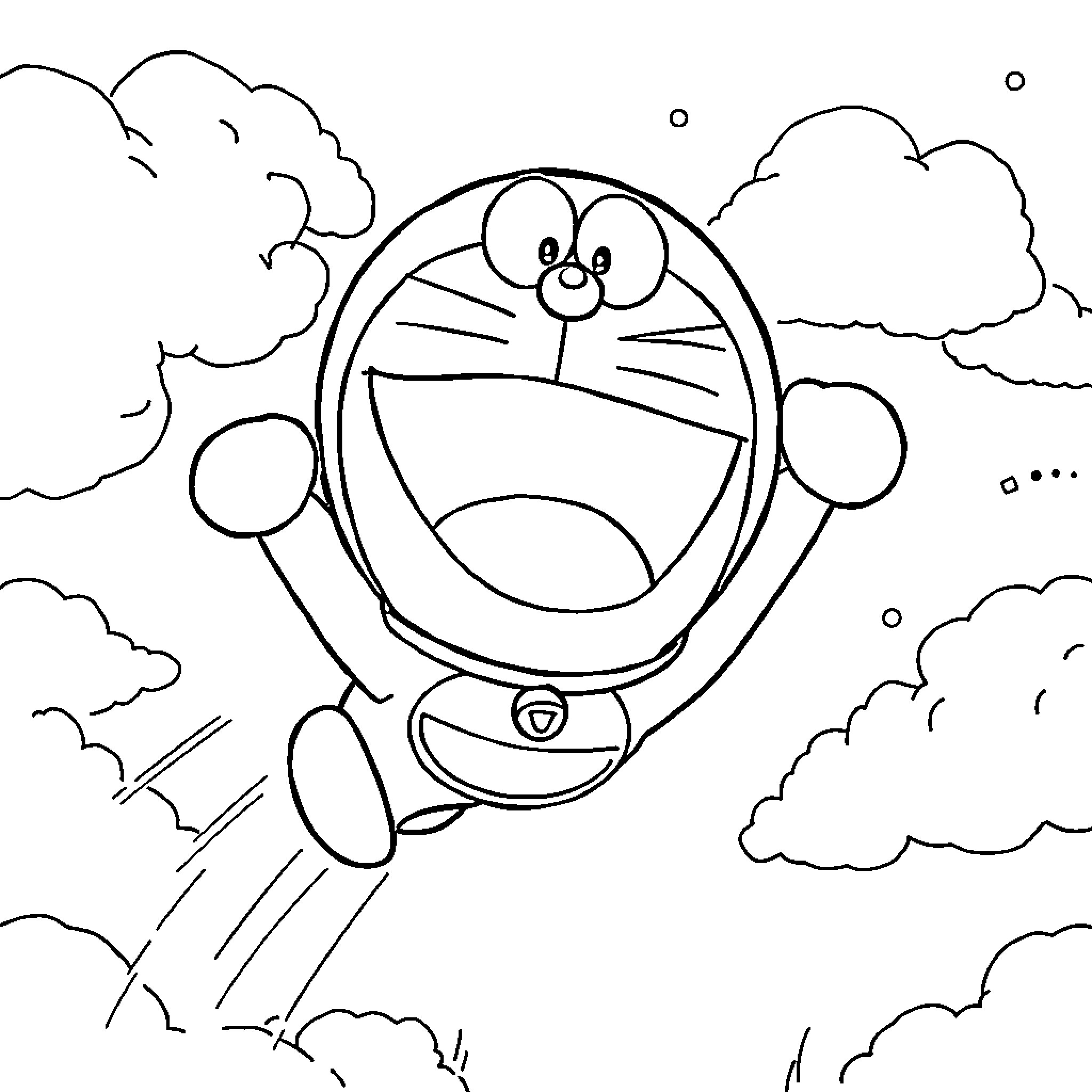 Doraemon flying through the clouds Coloring Page (free black-and-white line drawing printable PDF for all, from beginners to advanced learners, including children, teens, adults, and seniors)