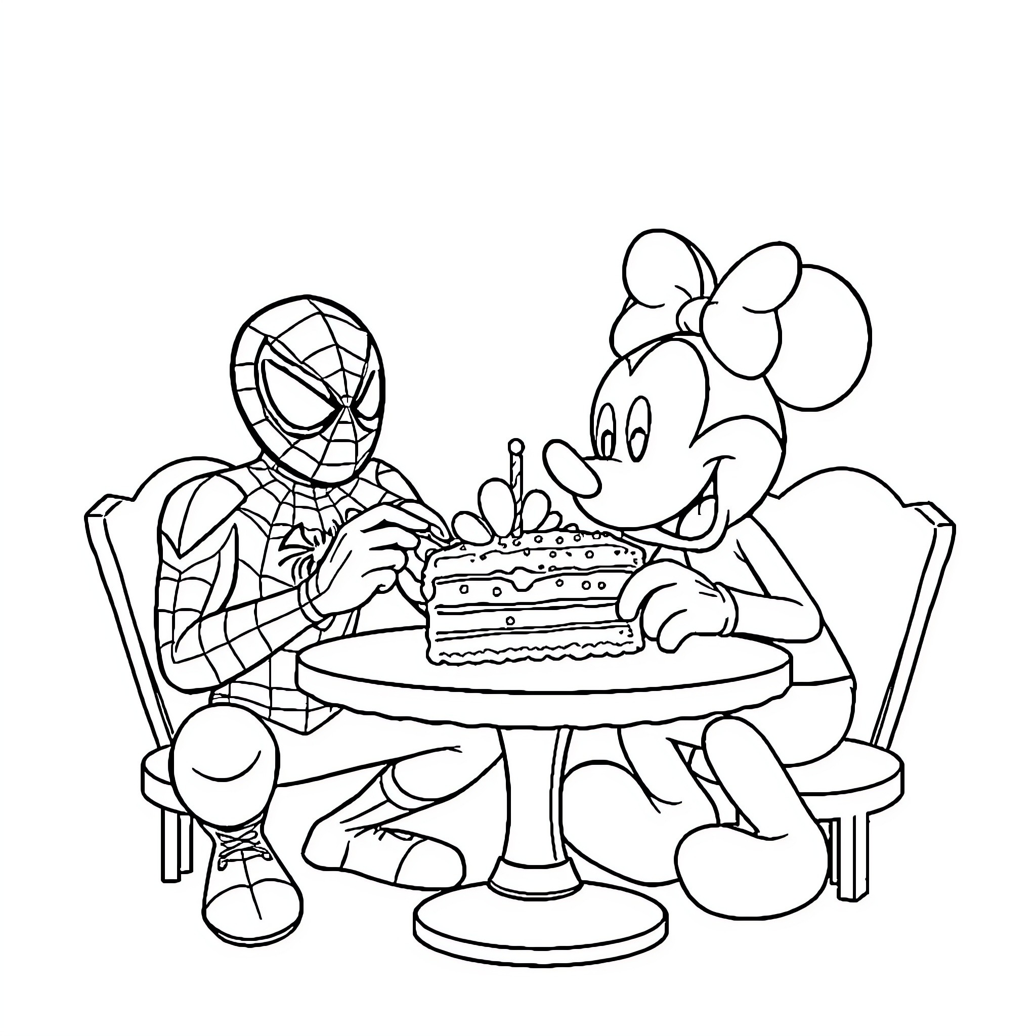 Spider-Man and Minnie Mouse share a birthday cake Coloring Page (free black-and-white line drawing printable PDF for all, from beginners to advanced learners, including children, teens, adults, and seniors)