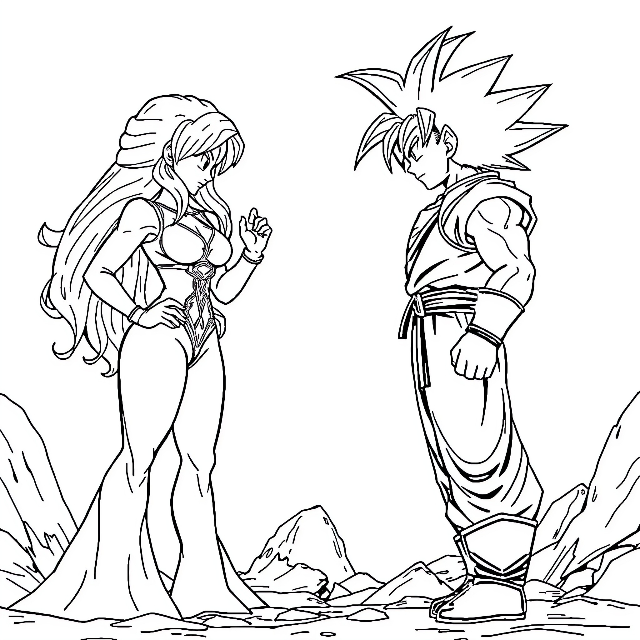 Emma Frost confronts powerful warrior in rocky landscape Coloring Page (free black-and-white line drawing printable PDF for all, from beginners to advanced learners, including children, teens, adults, and seniors)