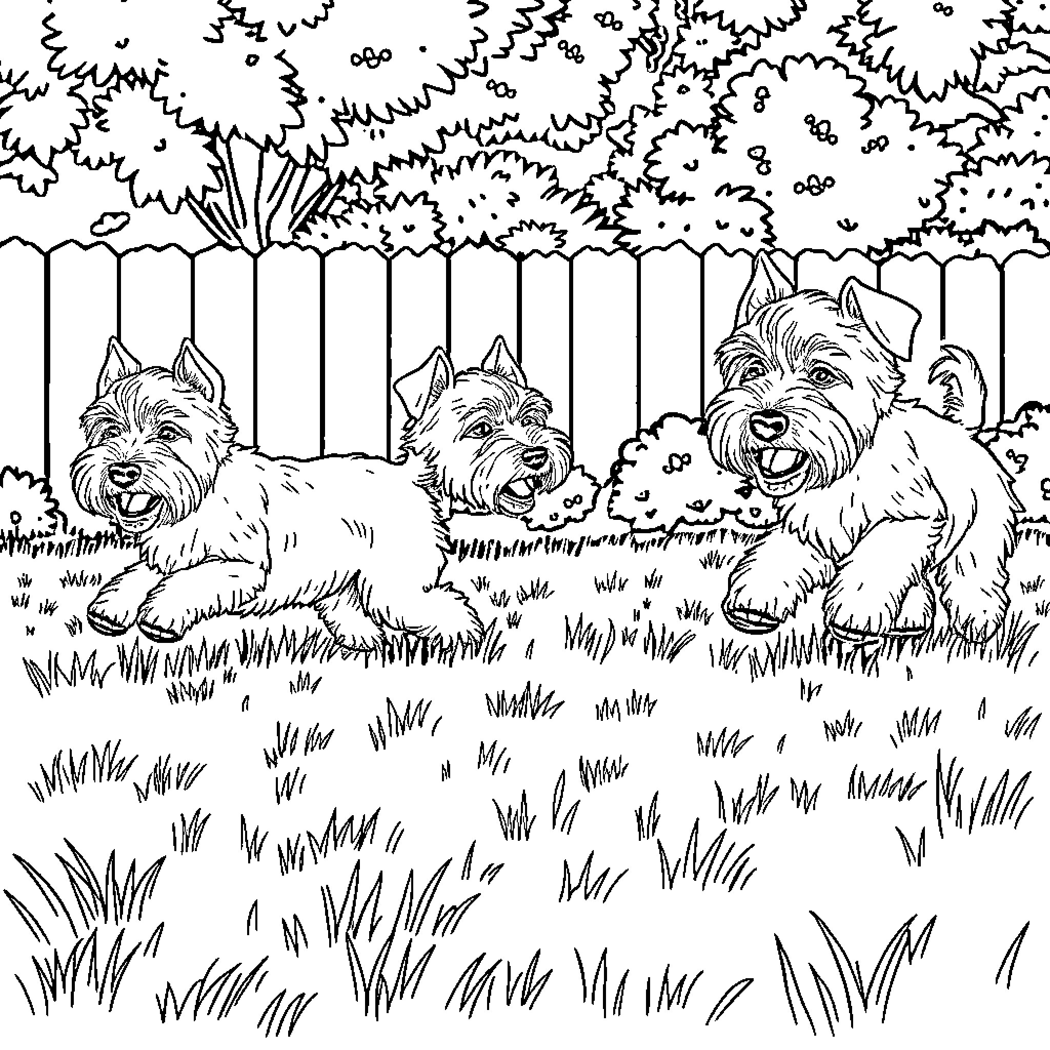 Wheaten Terrier dogs playing joyfully in the yard Coloring Page (free black-and-white line drawing printable PDF for all, from beginners to advanced learners, including children, teens, adults, and seniors)