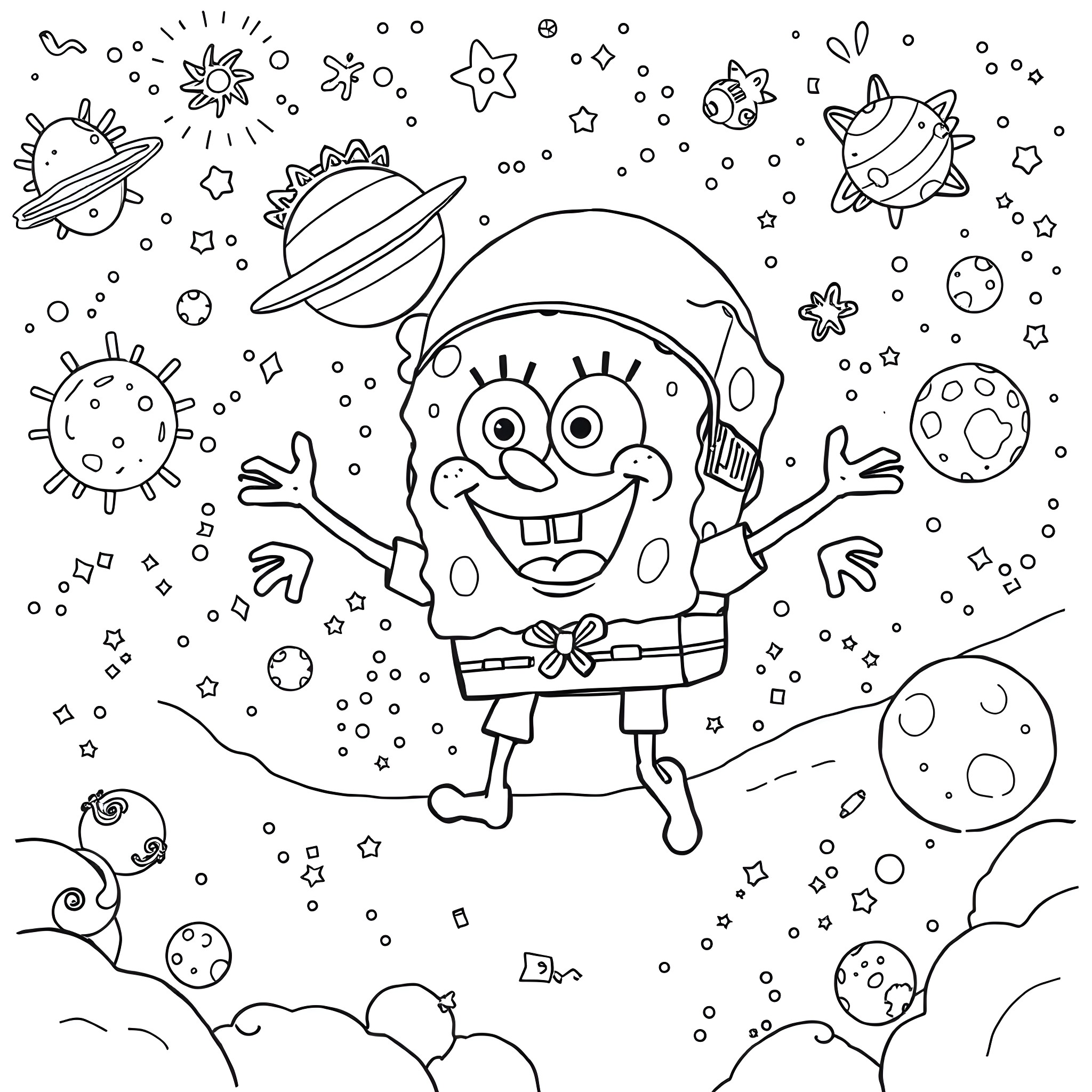 Spongebob exploring the cosmic universe Coloring Page (free black-and-white line drawing printable PDF for all, from beginners to advanced learners, including children, teens, adults, and seniors)