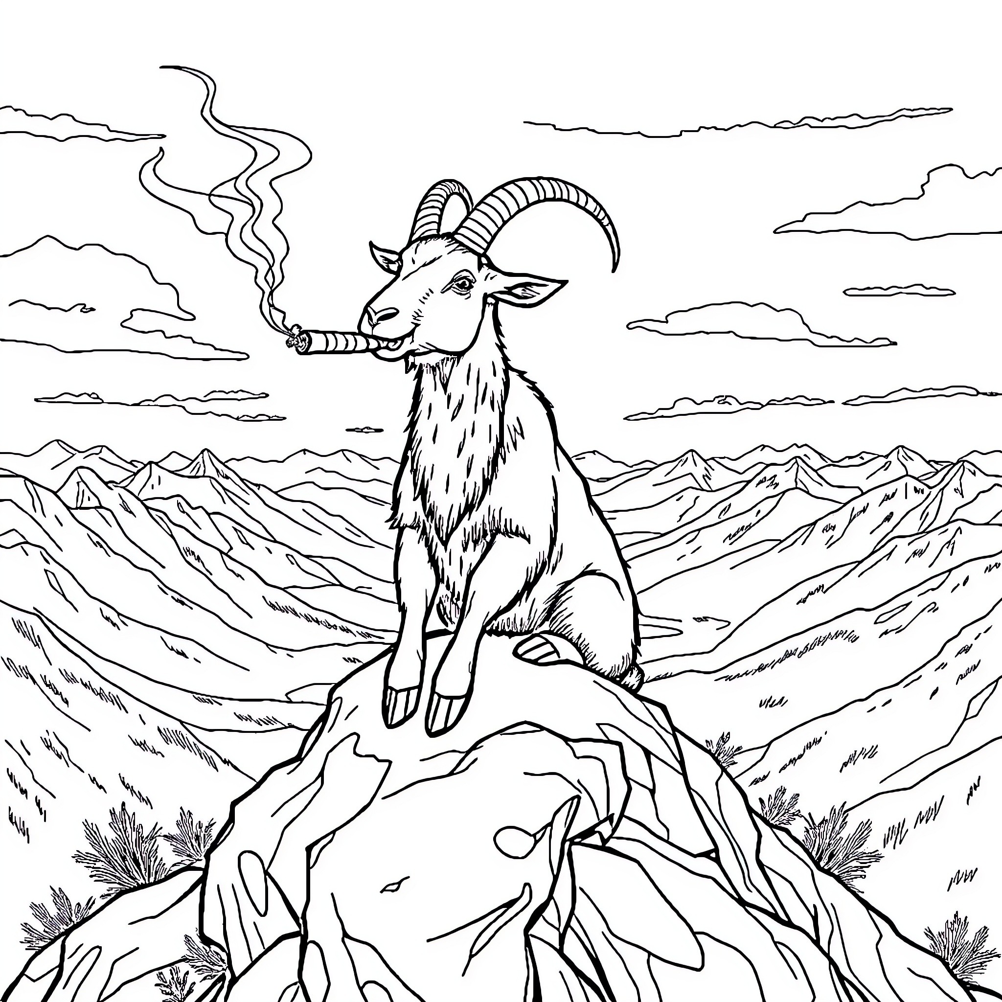 Goat sitting on a rocky mountain peak Coloring Page (free black-and-white line drawing printable PDF for all, from beginners to advanced learners, including children, teens, adults, and seniors)