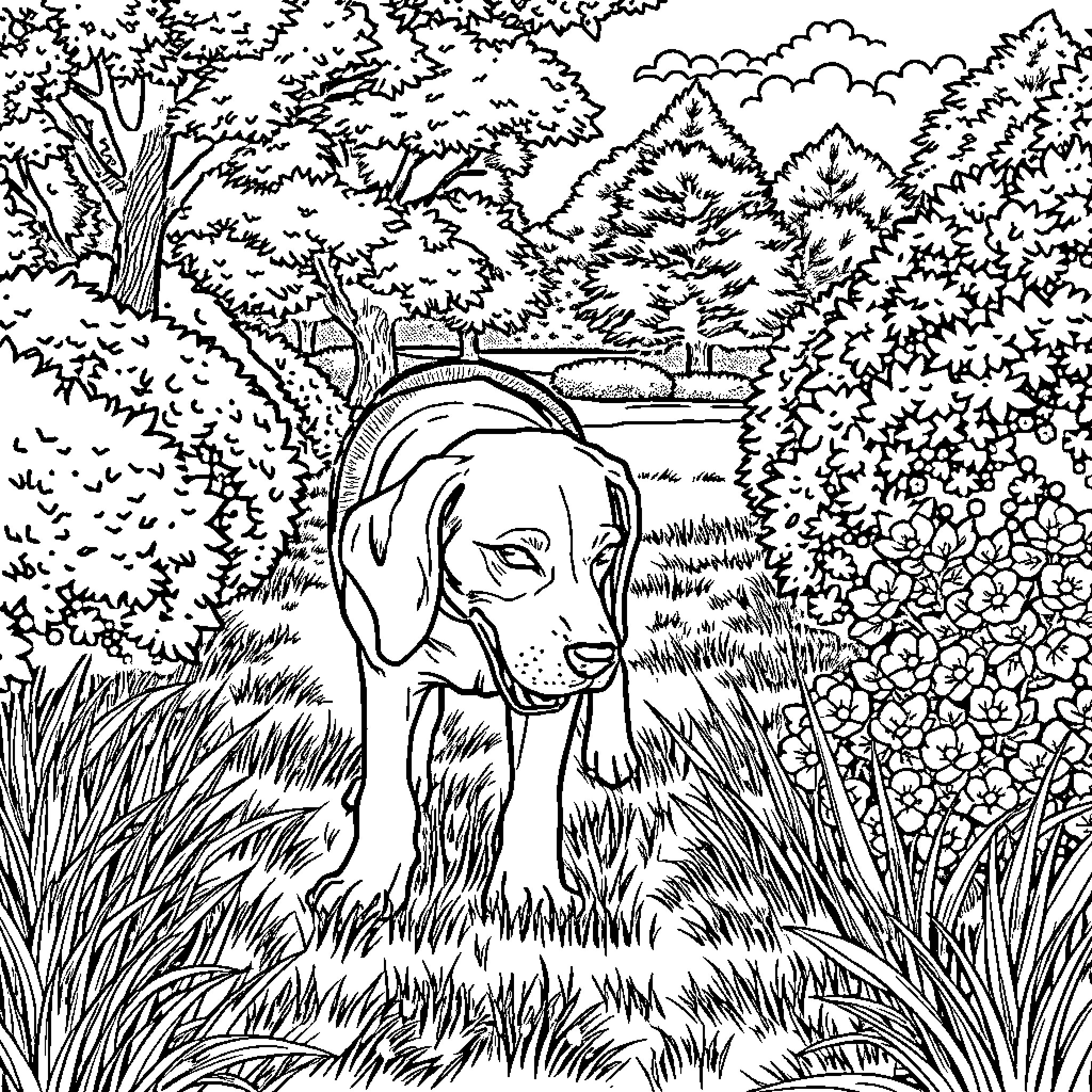 Beagle exploring the peaceful forest Coloring Page (free black-and-white line drawing printable PDF for all, from beginners to advanced learners, including children, teens, adults, and seniors)