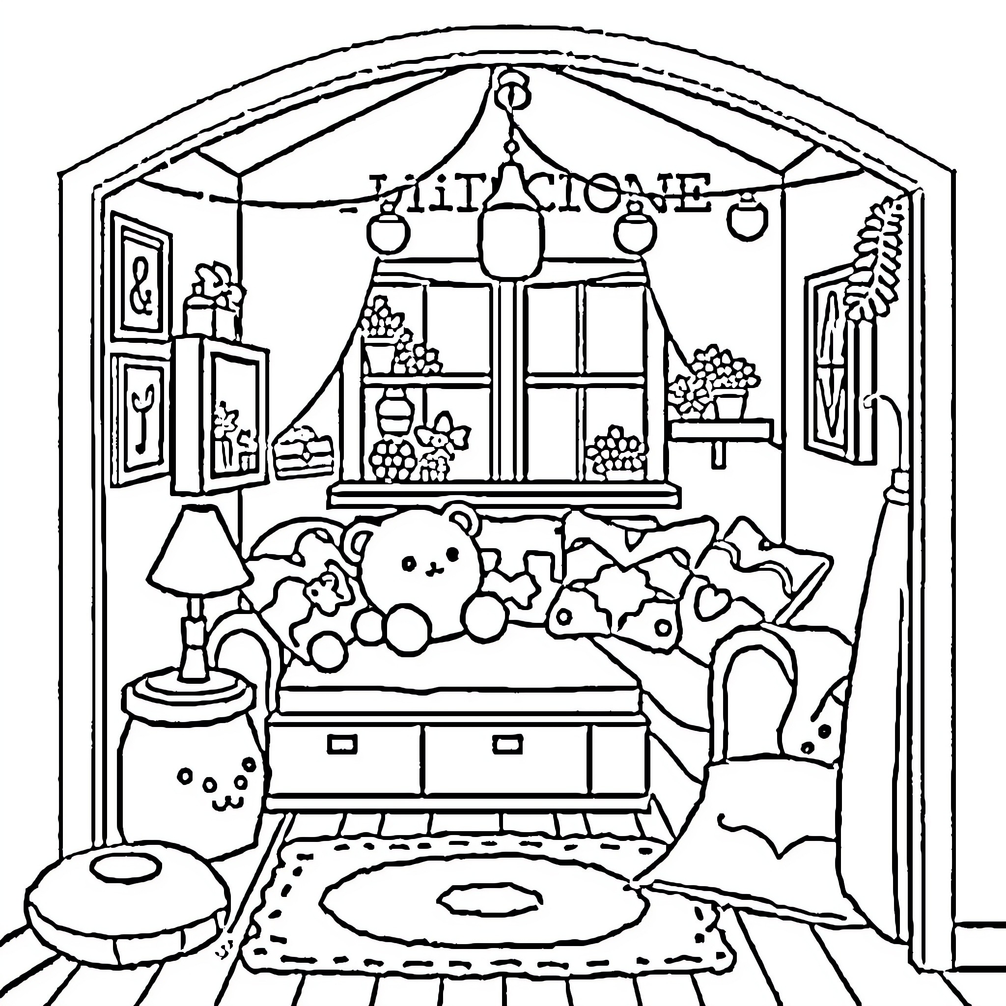 Home decor and toy-filled room Coloring Page (free black-and-white line drawing printable PDF for all, from beginners to advanced learners, including children, teens, adults, and seniors)