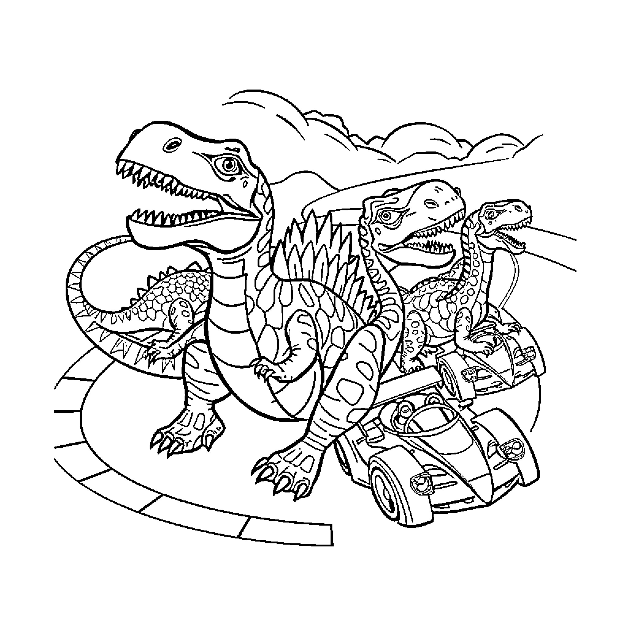 Dinosaur Horde Roaring Ferociously in the Wild Coloring Page (free black-and-white line drawing printable PDF for all, from beginners to advanced learners, including children, teens, adults, and seniors)