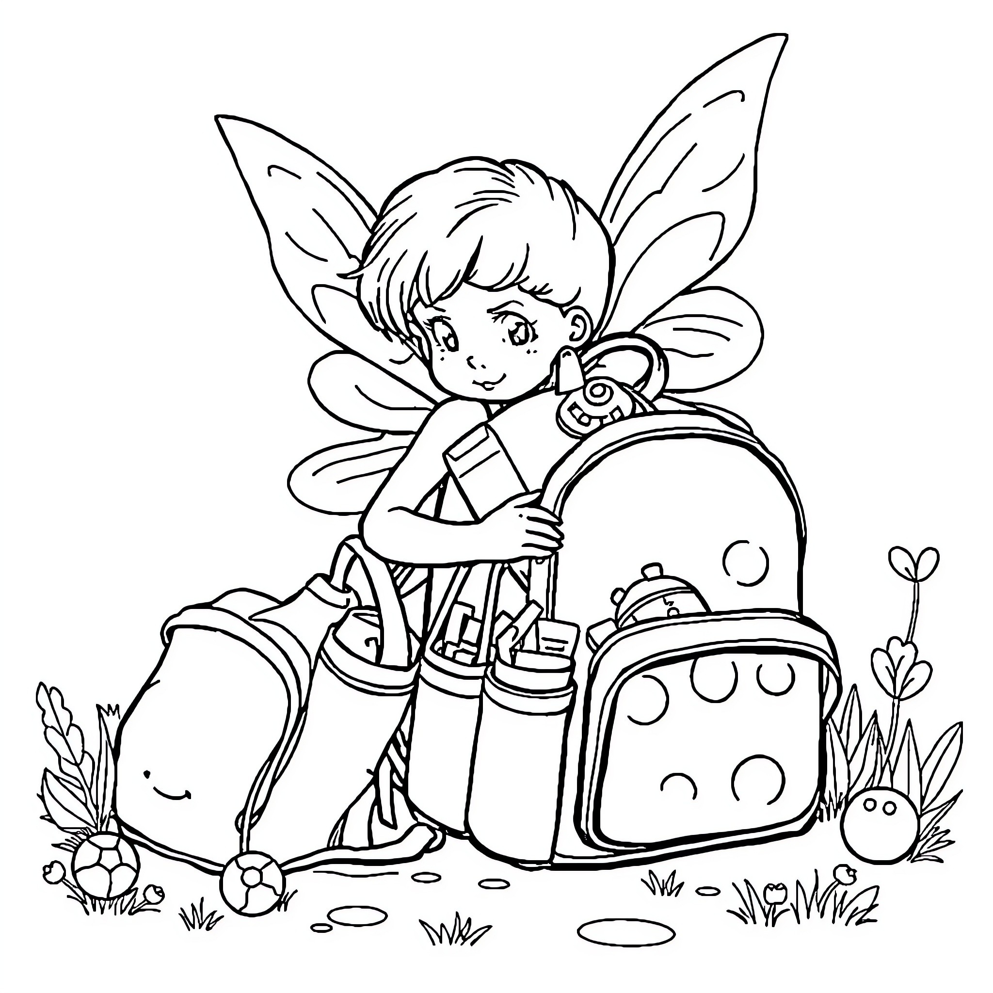 Fairy Child with Backpack Exploring Nature Coloring Page (free black-and-white line drawing printable PDF for all, from beginners to advanced learners, including children, teens, adults, and seniors)