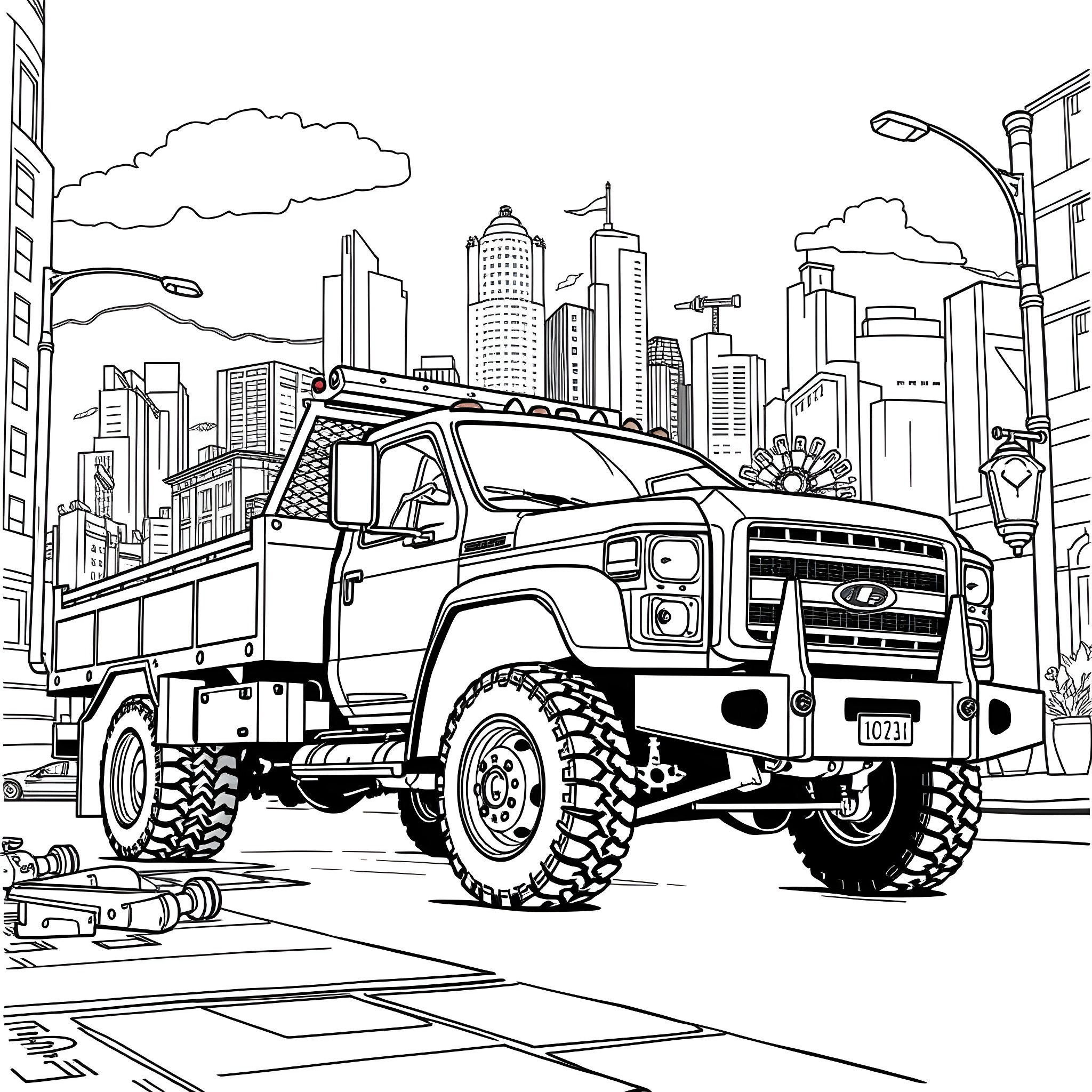 Rollback Wrecker Truck in Busy City Skyline Coloring Page (free black-and-white line drawing printable PDF for all, from beginners to advanced learners, including children, teens, adults, and seniors)