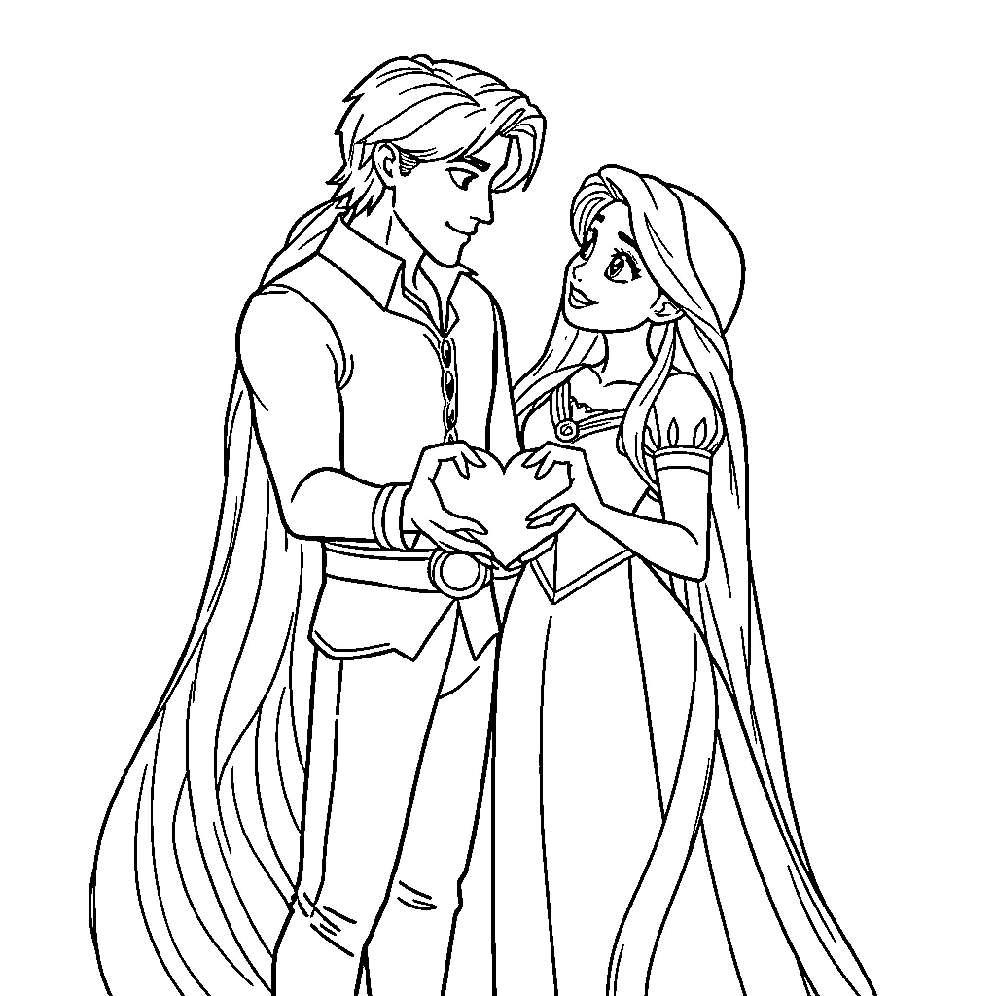 Rapunzel and Prince Charming in romantic embrace Coloring Page (free black-and-white line drawing printable PDF for all, from beginners to advanced learners, including children, teens, adults, and seniors)