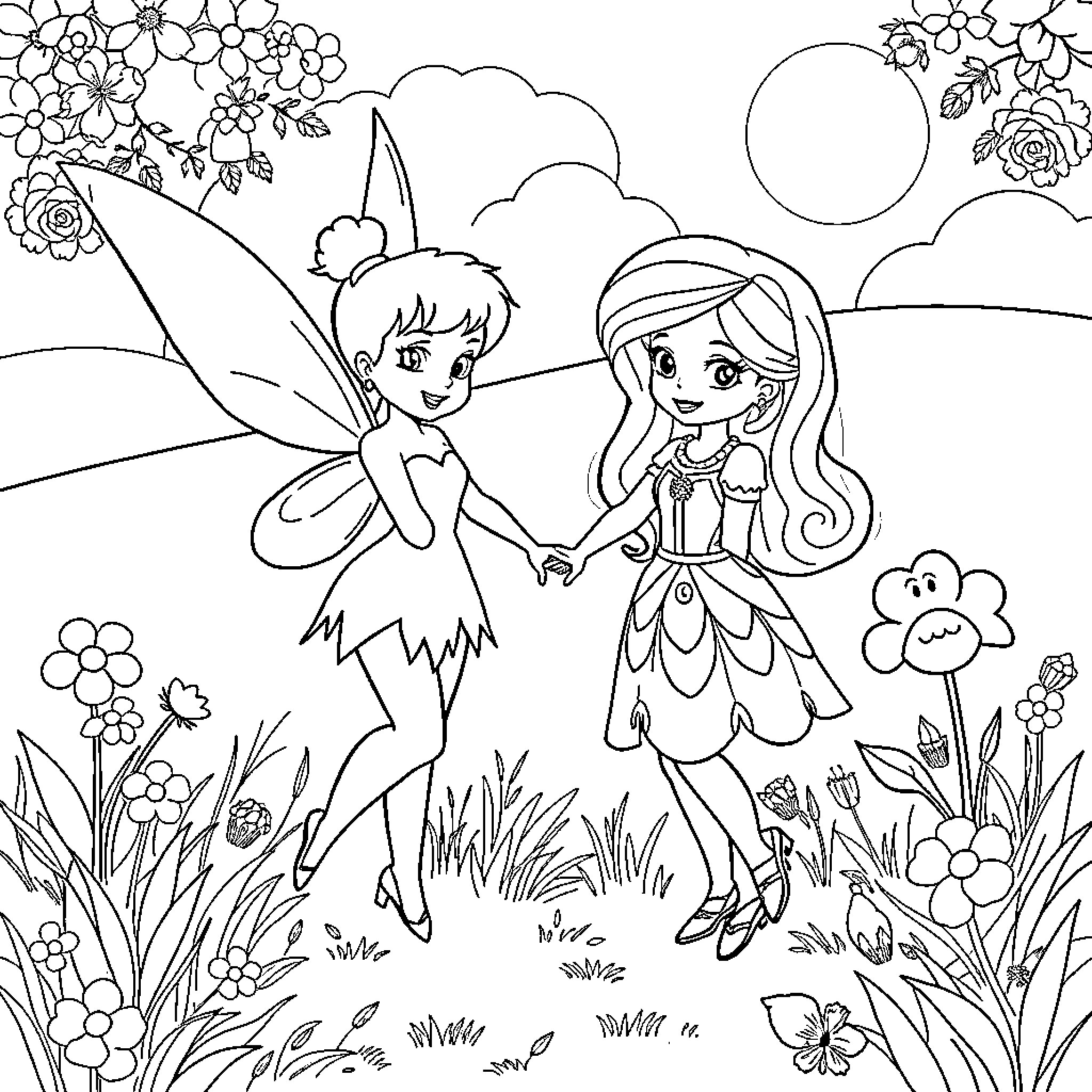 Tinkerbell and fairy friend playing in the garden Coloring Page (free black-and-white line drawing printable PDF for all, from beginners to advanced learners, including children, teens, adults, and seniors)