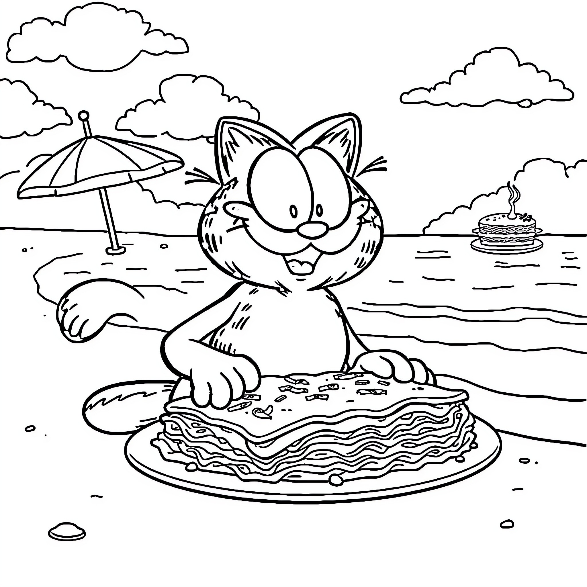 Garfield relaxing on a beach with a cake Coloring Page (free black-and-white line drawing printable PDF for all, from beginners to advanced learners, including children, teens, adults, and seniors)