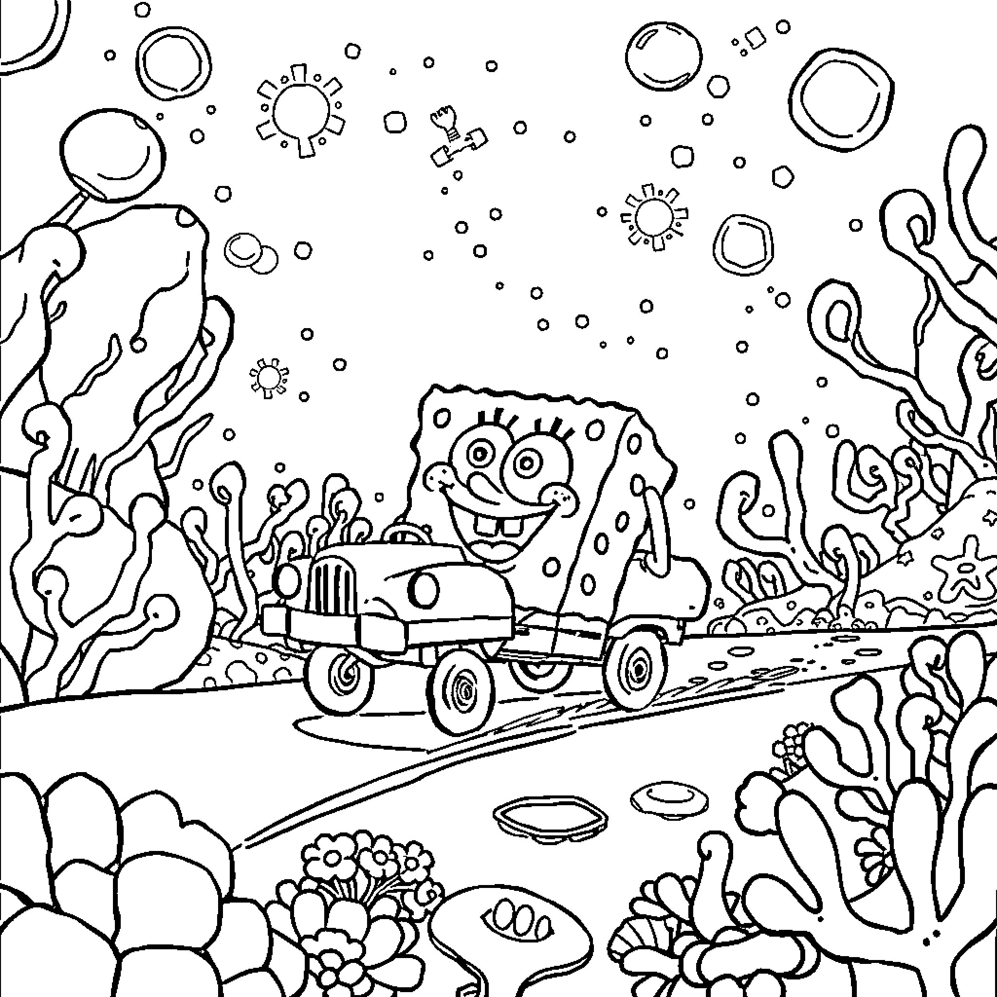 Spongebob driving his boatmobile through a whimsical underwater world Coloring Page (free black-and-white line drawing printable PDF for all, from beginners to advanced learners, including children, teens, adults, and seniors)