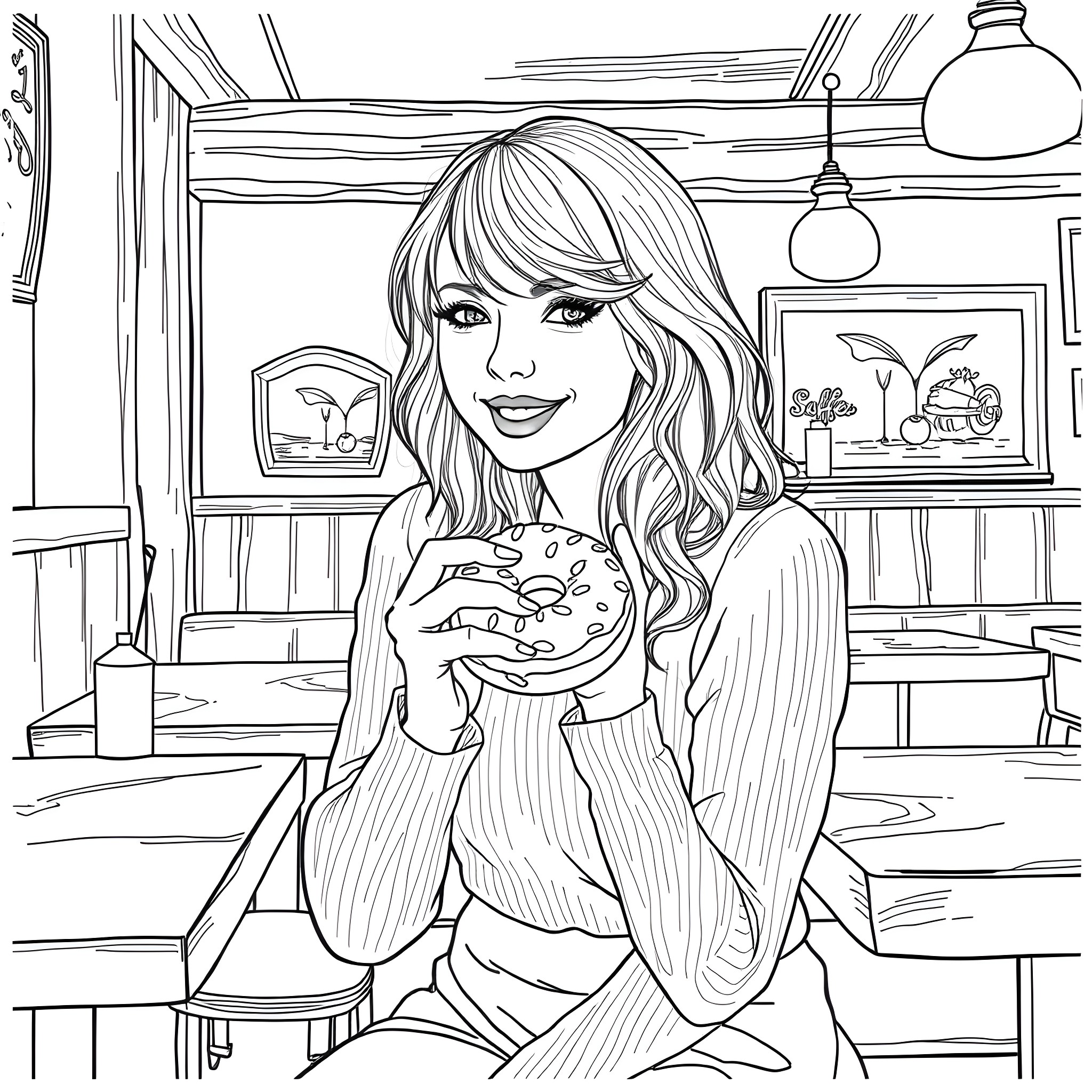Taylor Swift enjoying a tasty treat in a cozy cafe Coloring Page (free black-and-white line drawing printable PDF for all, from beginners to advanced learners, including children, teens, adults, and seniors)