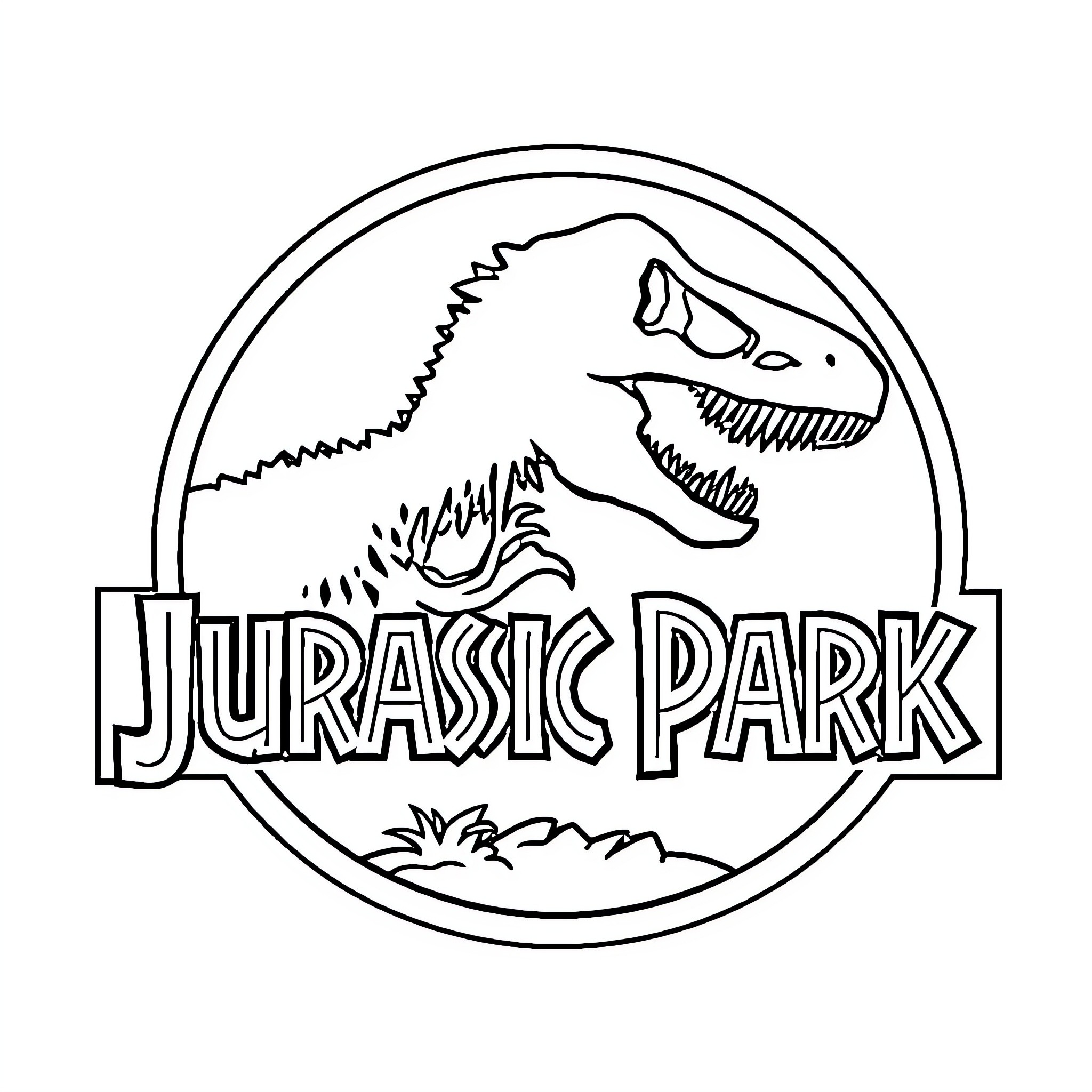 Jurassic Park featuring a roaring dinosaur Coloring Page (free black-and-white line drawing printable PDF for all, from beginners to advanced learners, including children, teens, adults, and seniors)
