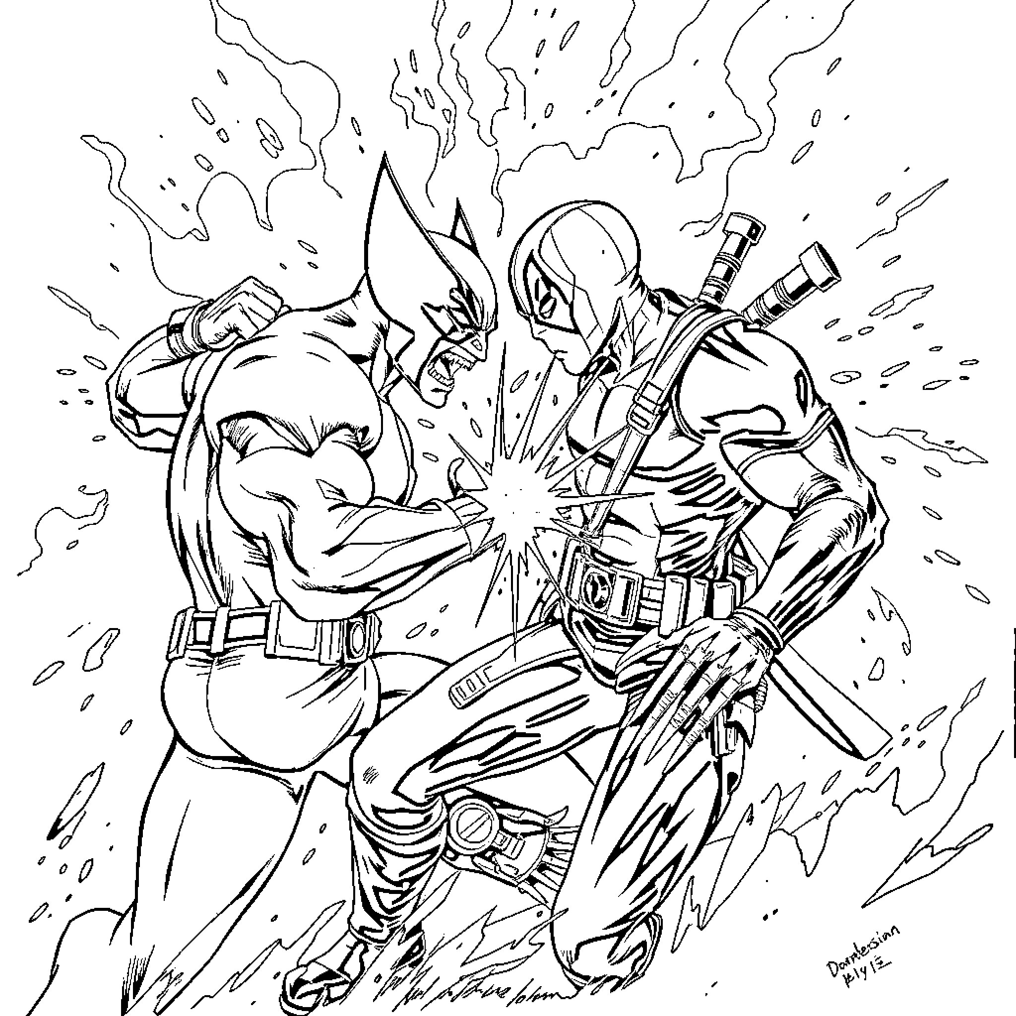 Wolverine in Epic Battle with Deadpool Coloring Page (free black-and-white line drawing printable PDF for all, from beginners to advanced learners, including children, teens, adults, and seniors)