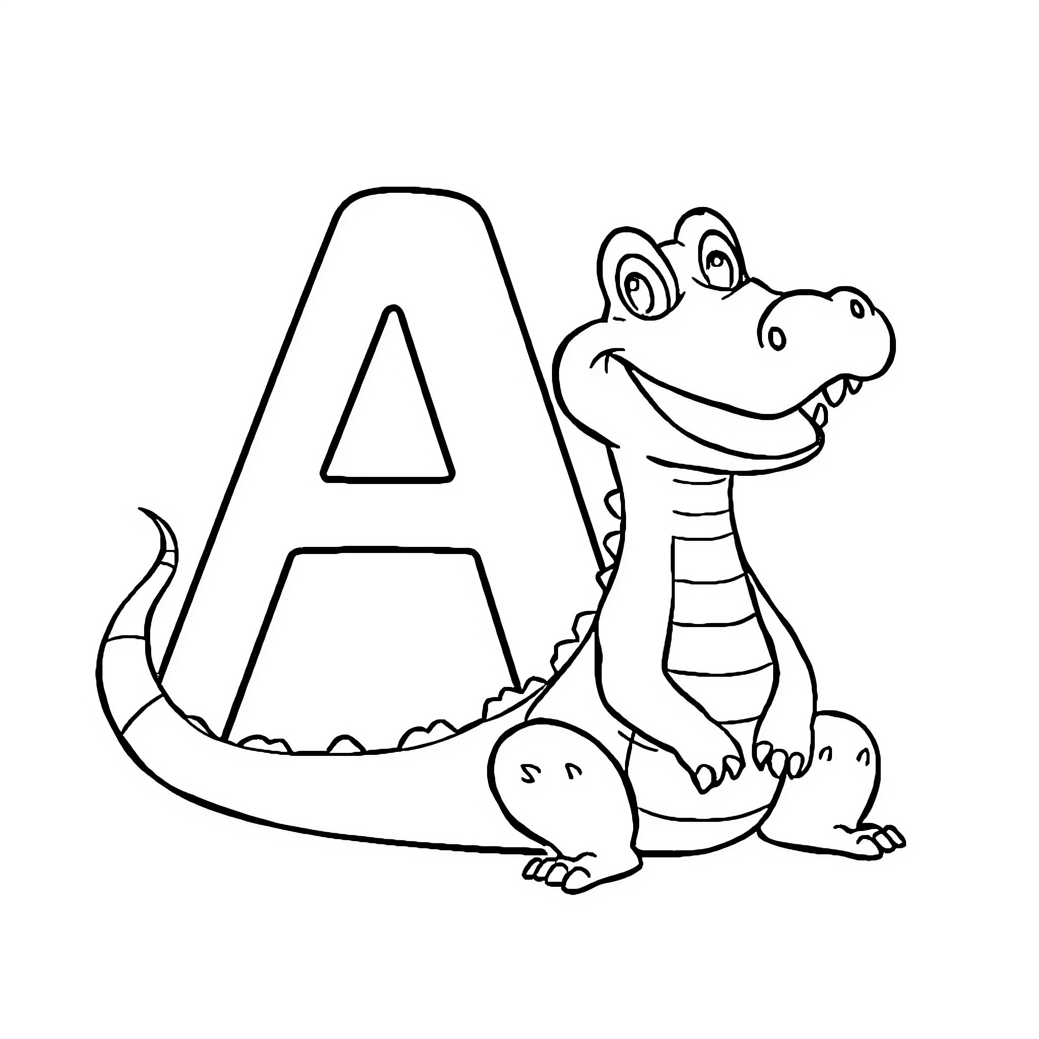 Alligator with letter A in a childlike drawing Coloring Page (free black-and-white line drawing printable PDF for all, from beginners to advanced learners, including children, teens, adults, and seniors)
