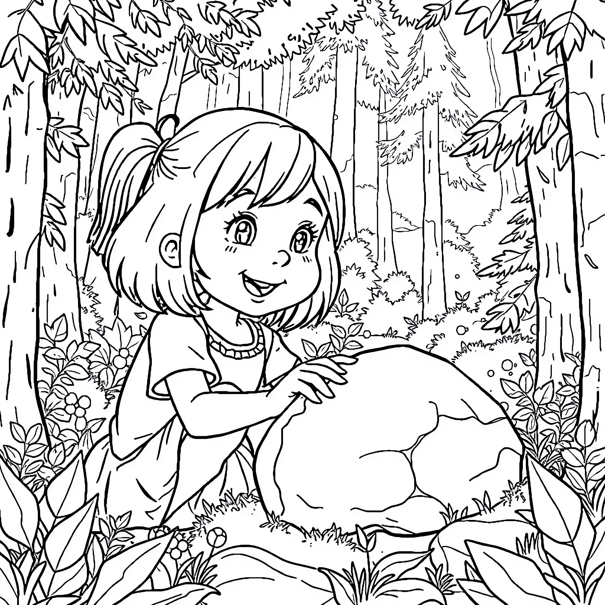 Girl exploring the enchanted forest Coloring Page (free black-and-white line drawing printable PDF for all, from beginners to advanced learners, including children, teens, adults, and seniors)