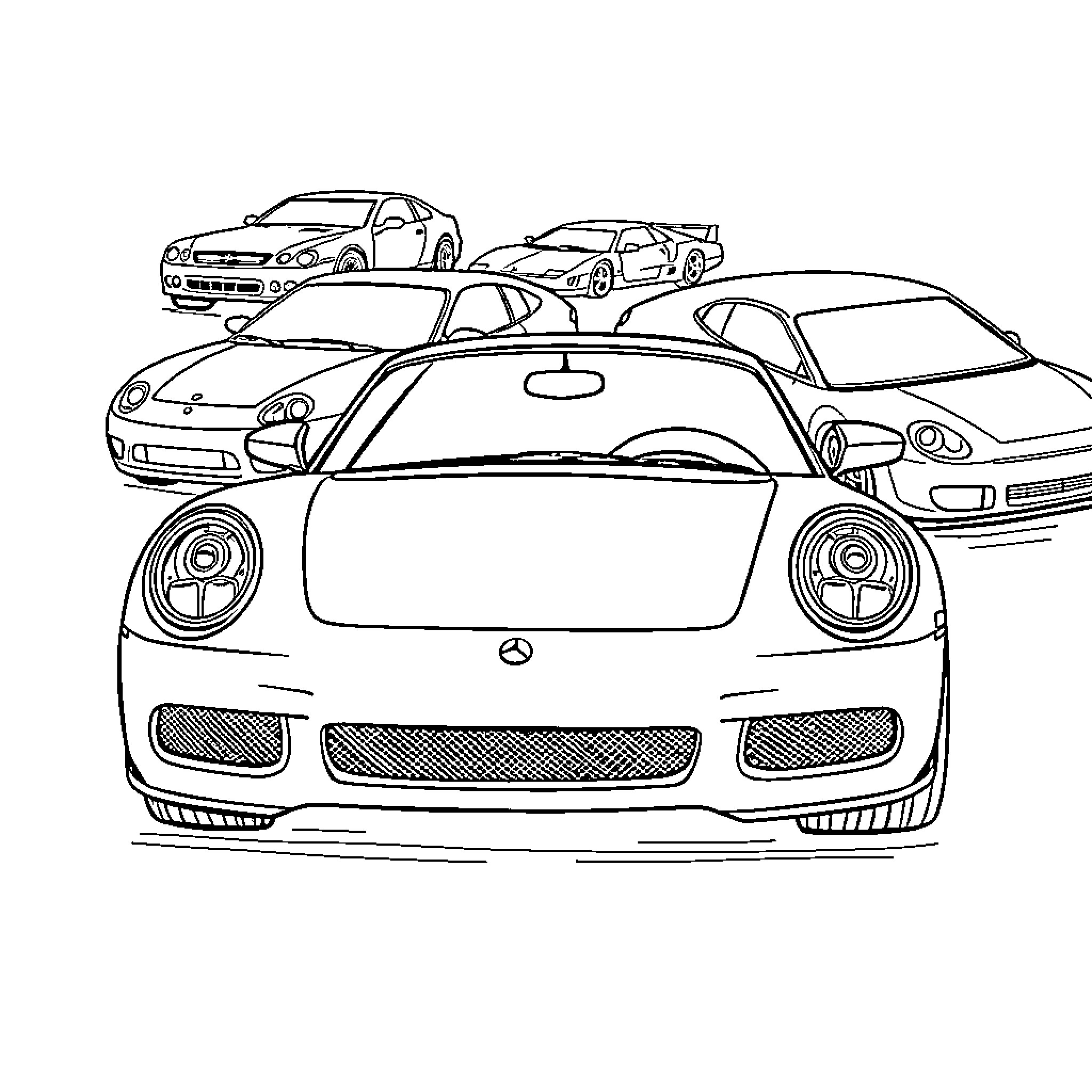 Car models lined up in a row Coloring Page (free black-and-white line drawing printable PDF for all, from beginners to advanced learners, including children, teens, adults, and seniors)