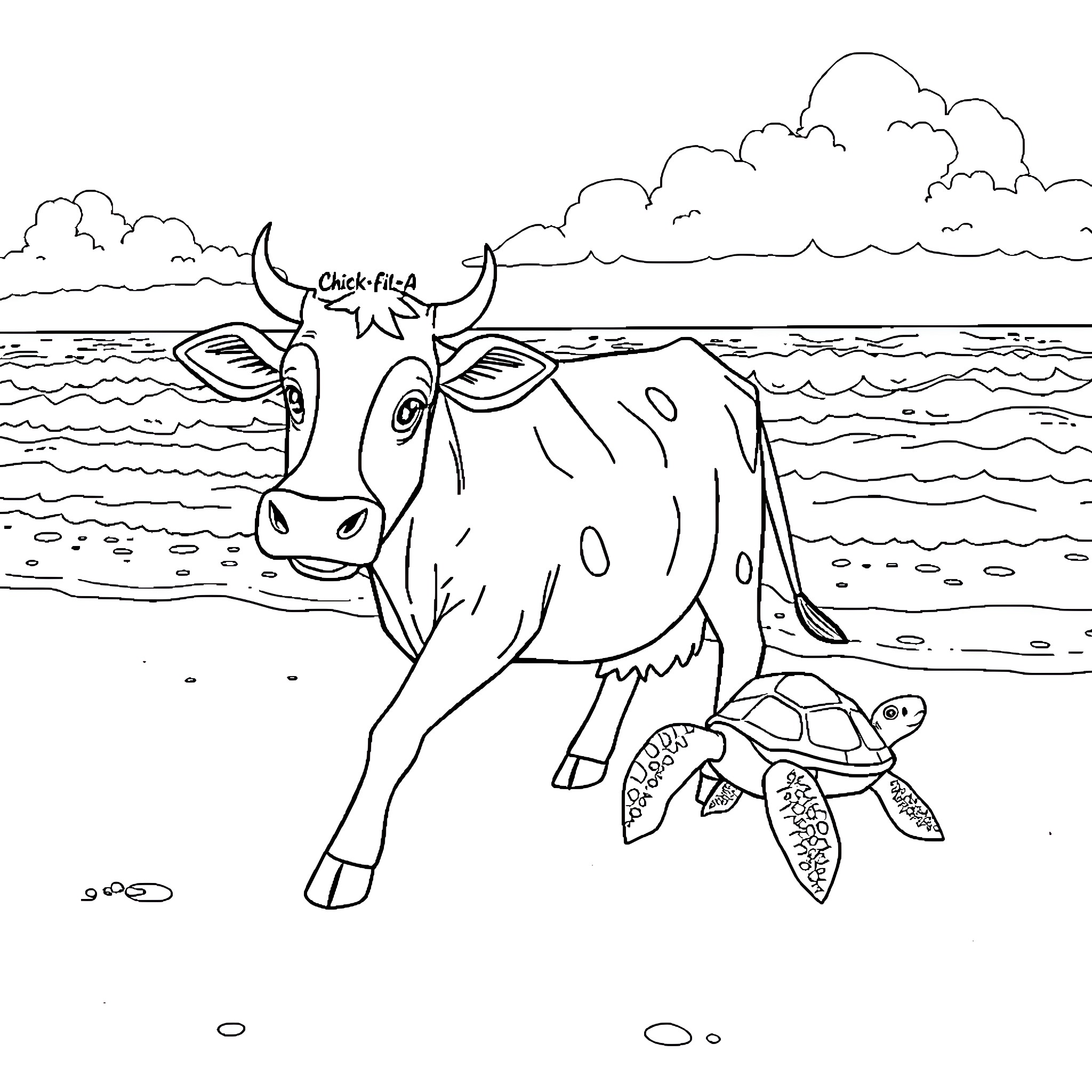Cow standing on the beach with a turtle Coloring Page (free black-and-white line drawing printable PDF for all, from beginners to advanced learners, including children, teens, adults, and seniors)