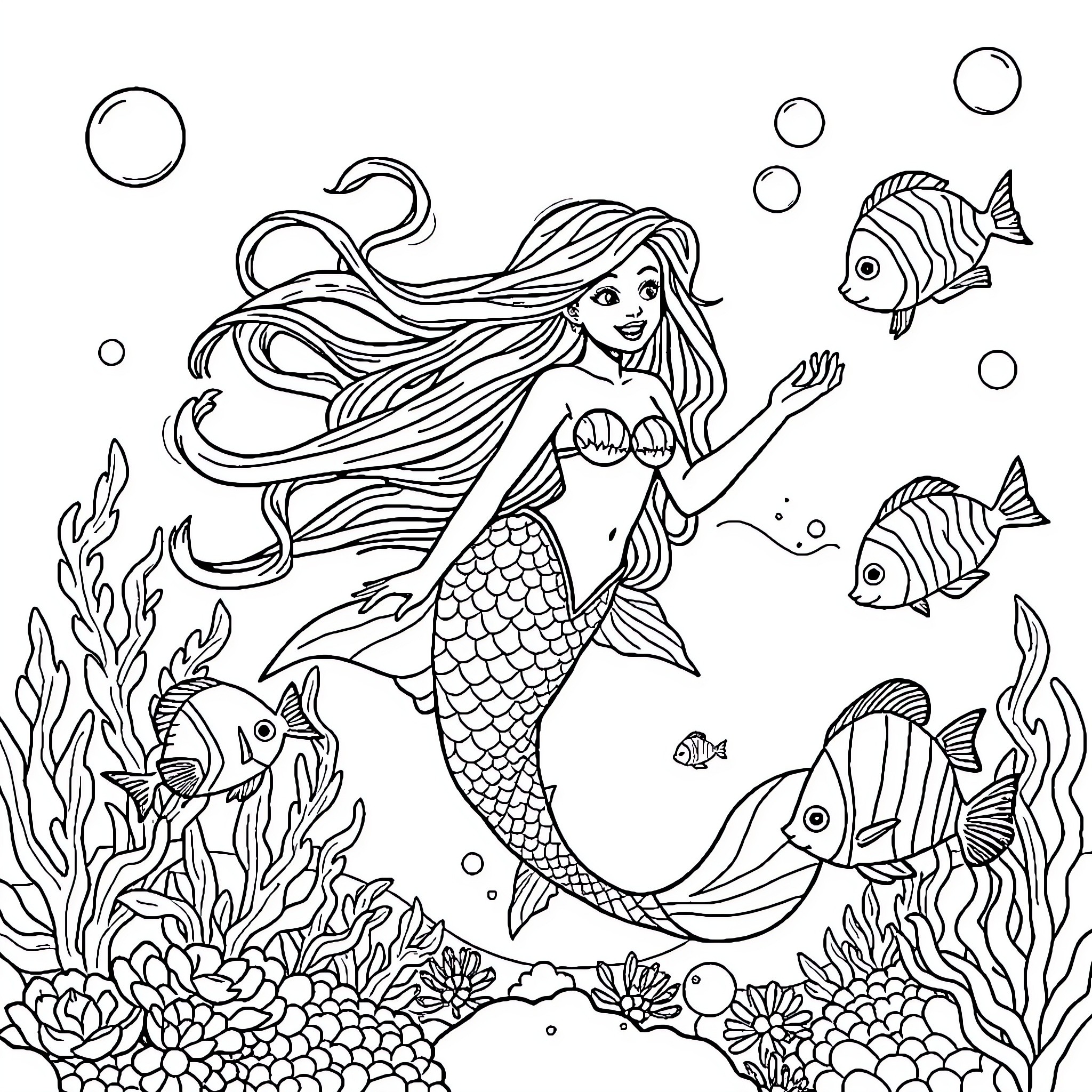 Mermaid swimming gracefully through the underwater world Coloring Page (free black-and-white line drawing printable PDF for all, from beginners to advanced learners, including children, teens, adults, and seniors)