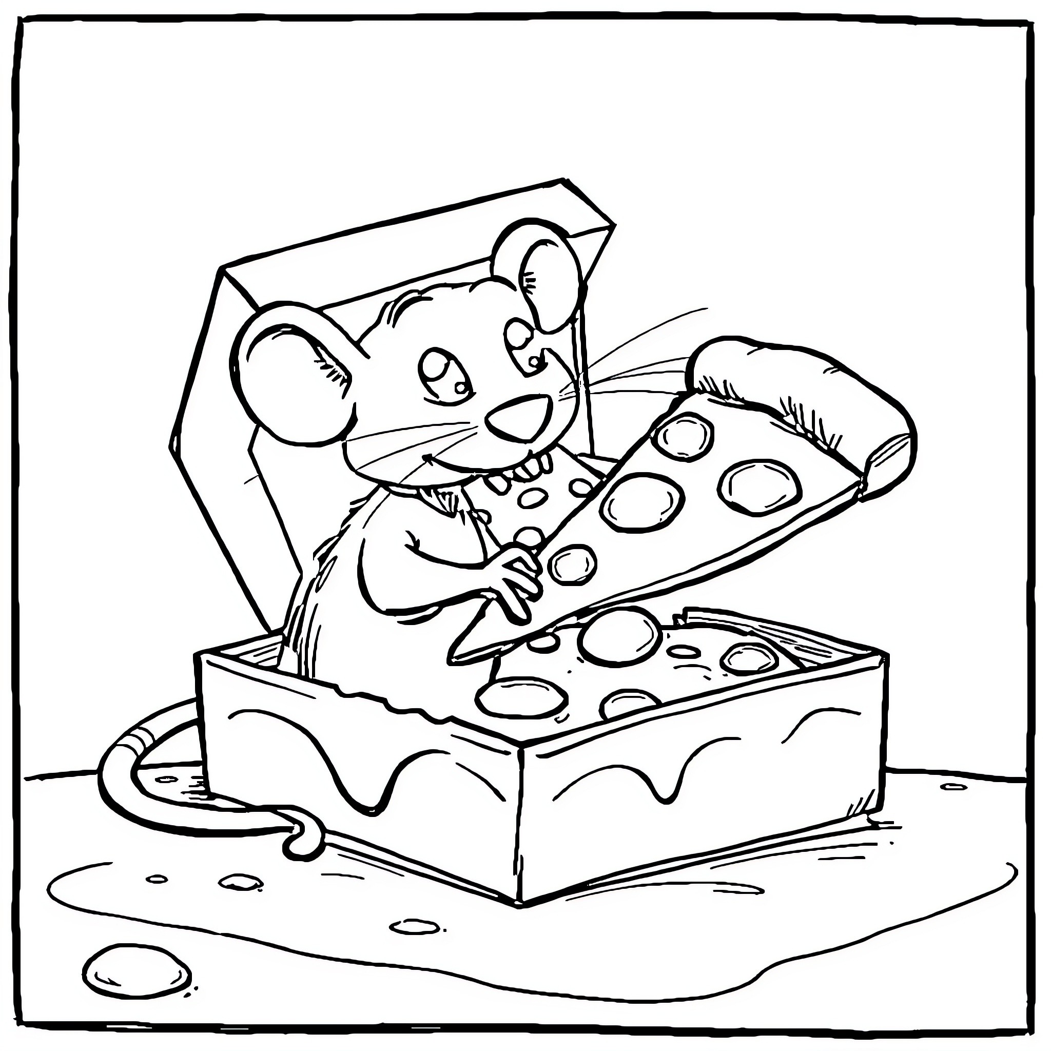 Rat enjoying a cheesy treat Coloring Page (free black-and-white line drawing printable PDF for all, from beginners to advanced learners, including children, teens, adults, and seniors)