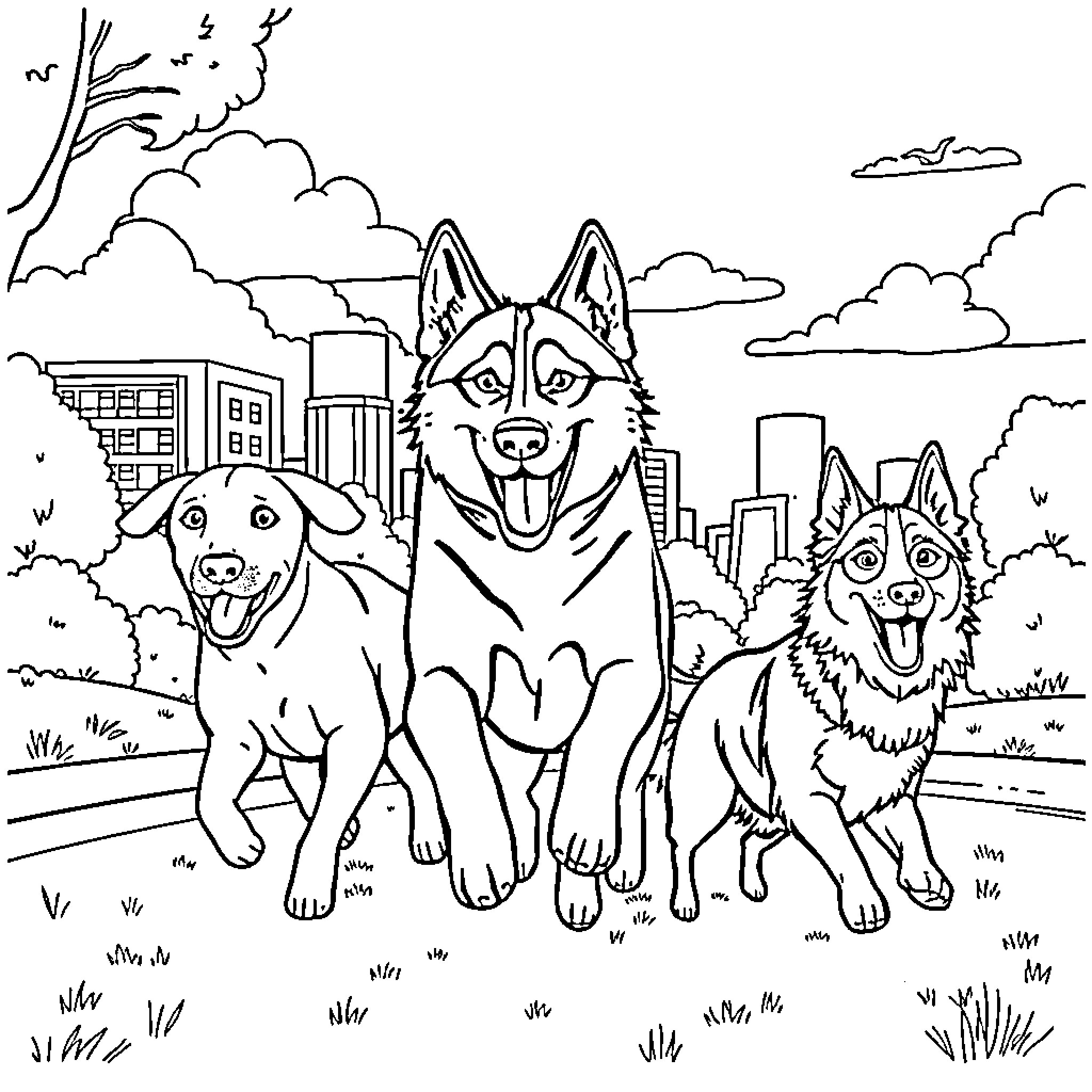 Dog companions enjoying the urban outdoors Coloring Page (free black-and-white line drawing printable PDF for all, from beginners to advanced learners, including children, teens, adults, and seniors)