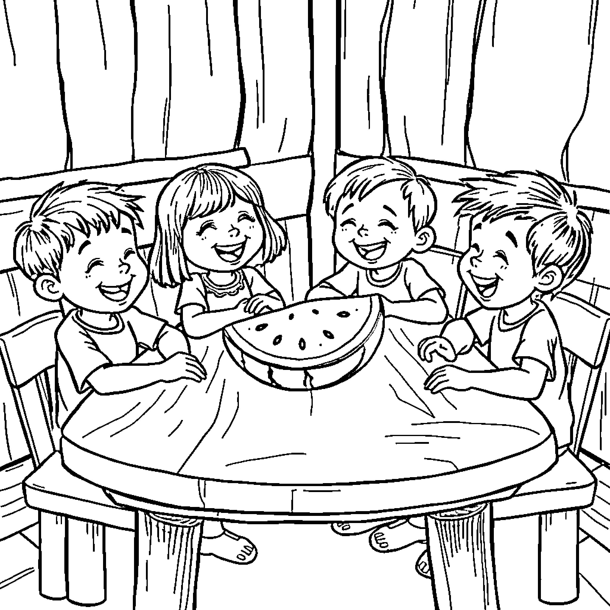 Watermelon fun with friends at the table Coloring Page (free black-and-white line drawing printable PDF for all, from beginners to advanced learners, including children, teens, adults, and seniors)