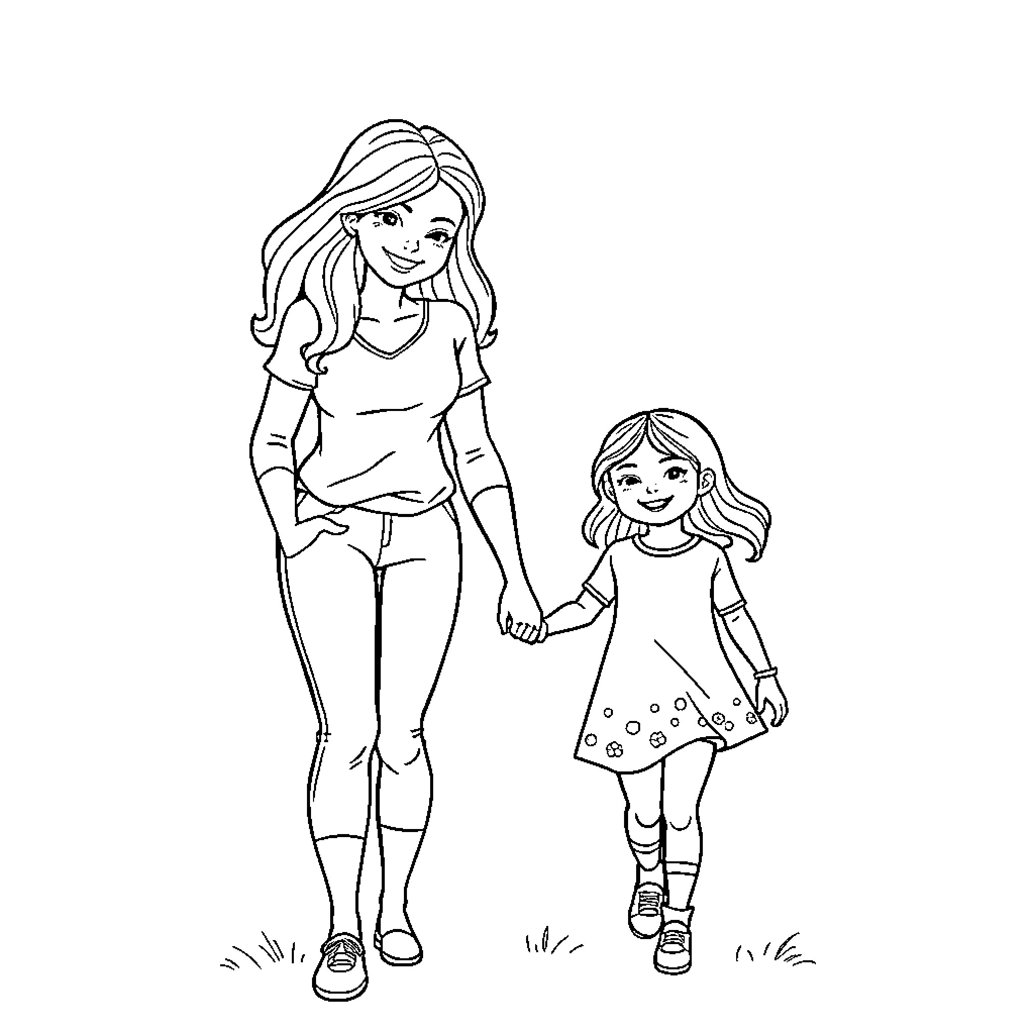 Mom and Daughter Enjoying Outdoor Adventure Coloring Page (free black-and-white line drawing printable PDF for all, from beginners to advanced learners, including children, teens, adults, and seniors)