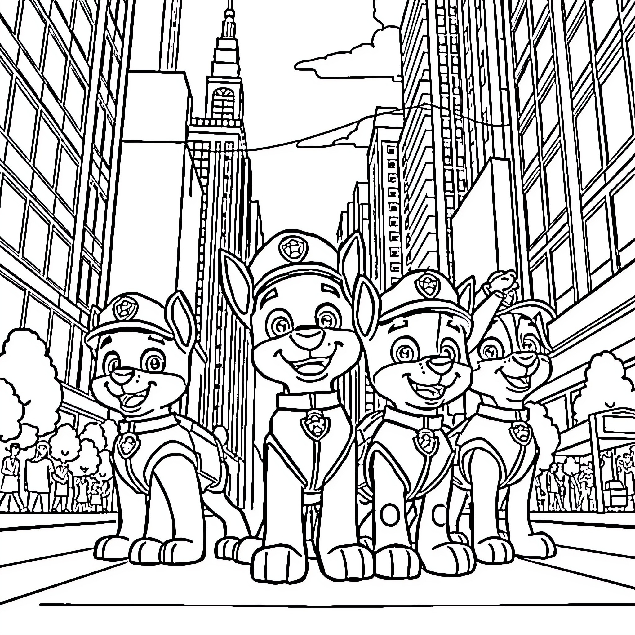 Paw Patrol Pups Explore the City Coloring Page (free black-and-white line drawing printable PDF for all, from beginners to advanced learners, including children, teens, adults, and seniors)