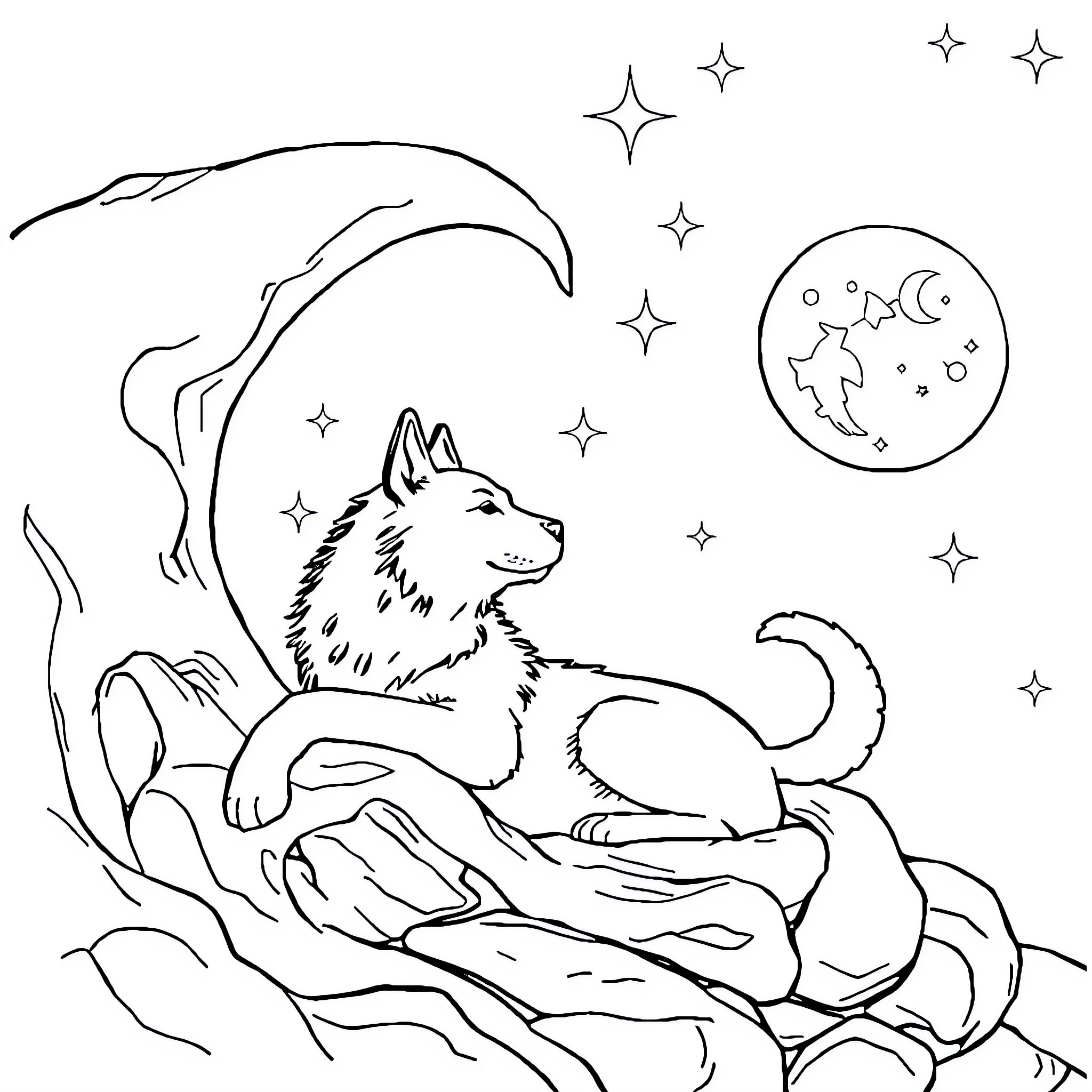 Dog gazing at the night sky Coloring Page (free black-and-white line drawing printable PDF for all, from beginners to advanced learners, including children, teens, adults, and seniors)