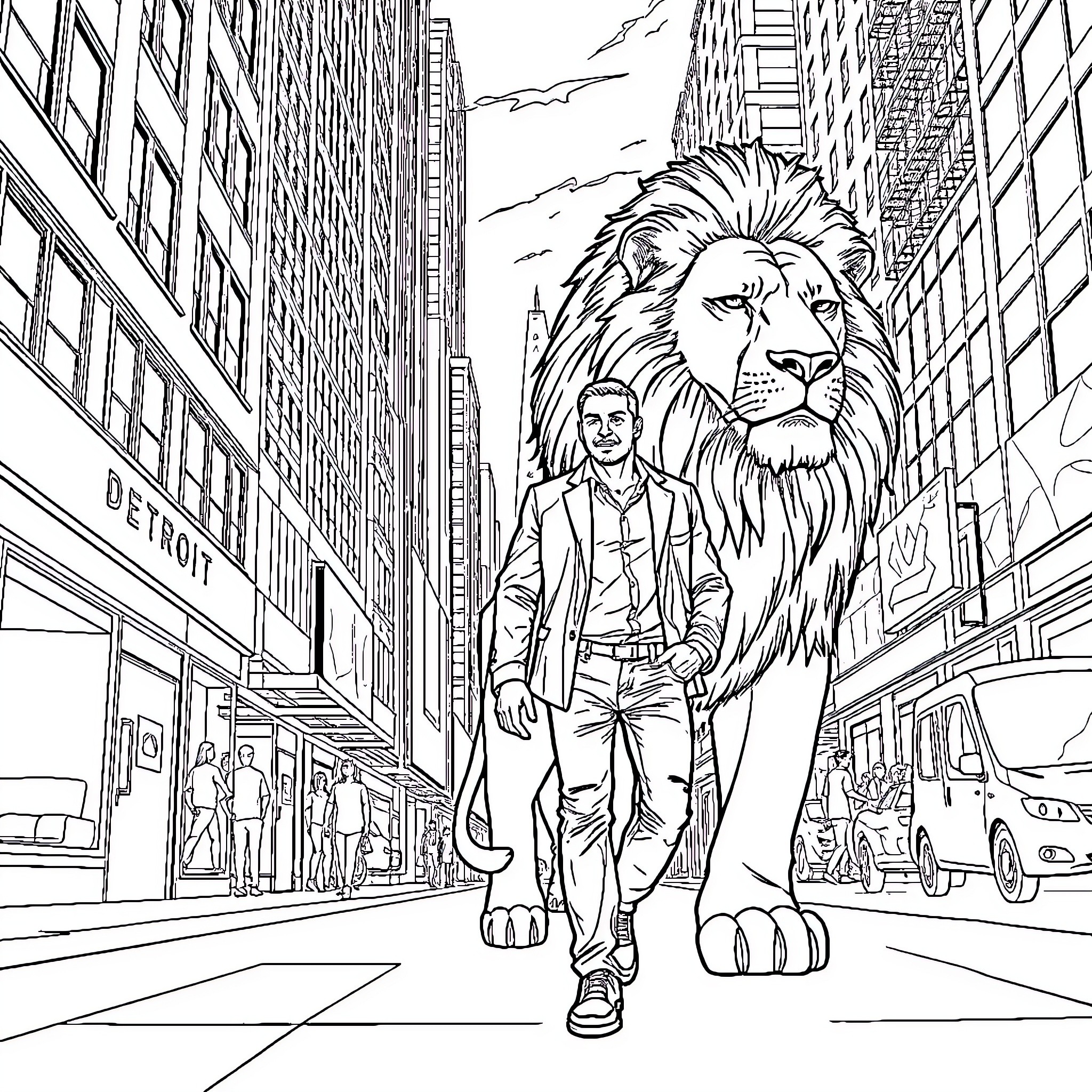 Lion prowling through the city streets Coloring Page (free black-and-white line drawing printable PDF for all, from beginners to advanced learners, including children, teens, adults, and seniors)