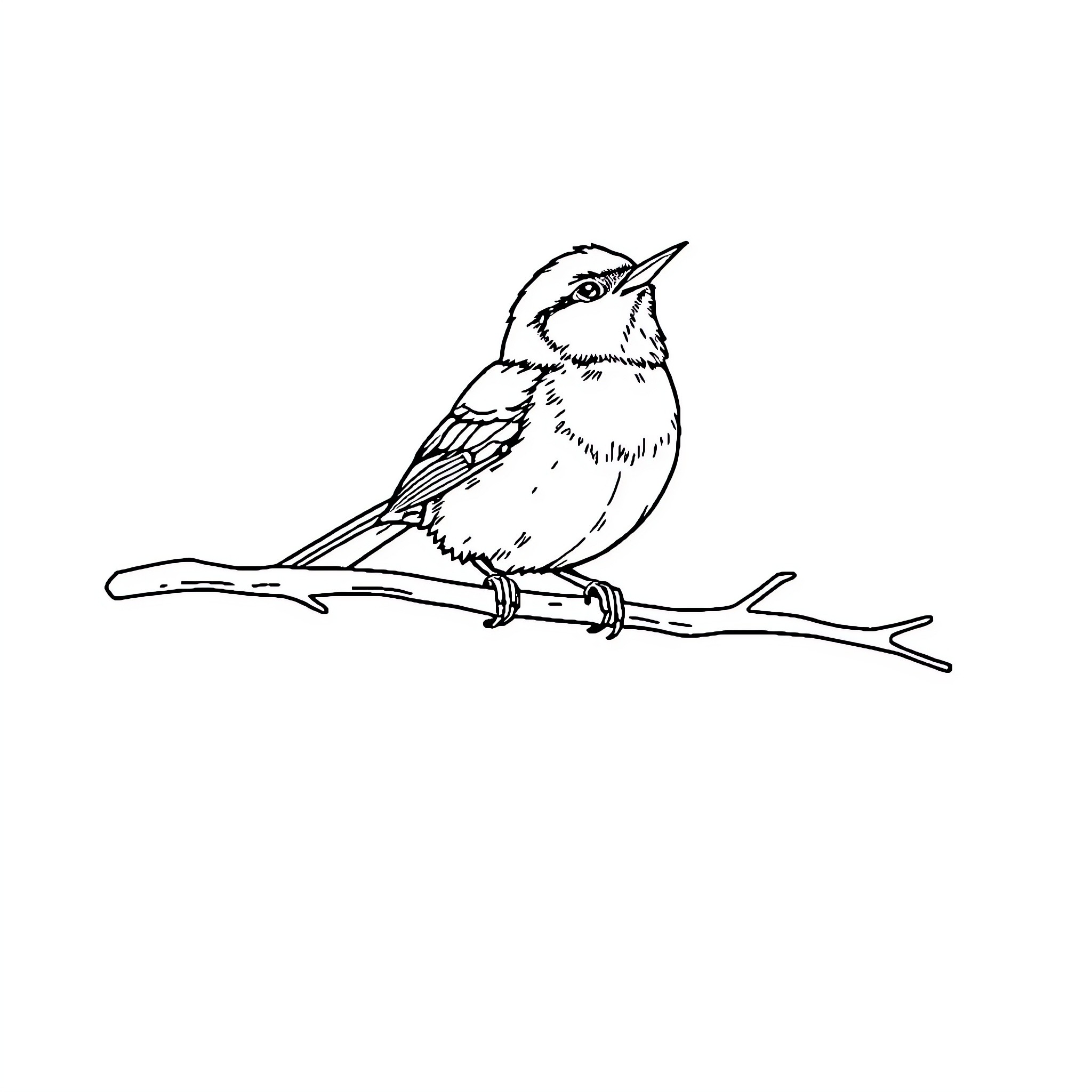 Bird perched on branch Coloring Page (free black-and-white line drawing printable PDF for all, from beginners to advanced learners, including children, teens, adults, and seniors)