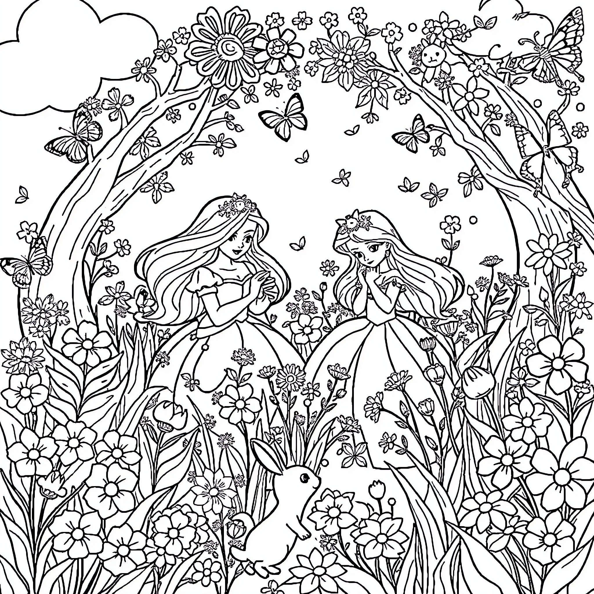 Princess Admiring Floral Delight with Butterflies Coloring Page (free black-and-white line drawing printable PDF for all, from beginners to advanced learners, including children, teens, adults, and seniors)