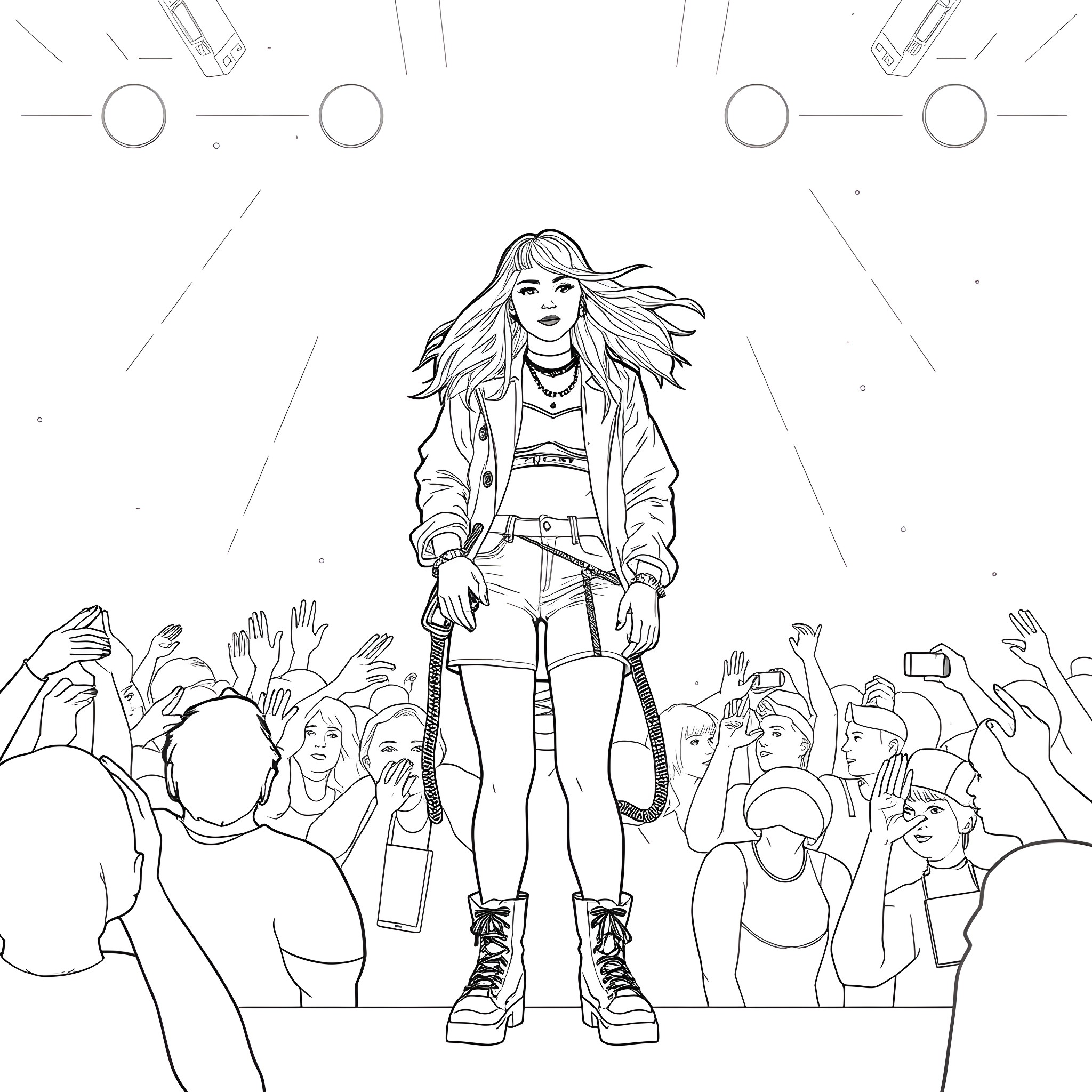 Billie Eilish performing on stage with adoring crowd Coloring Page (free black-and-white line drawing printable PDF for all, from beginners to advanced learners, including children, teens, adults, and seniors)