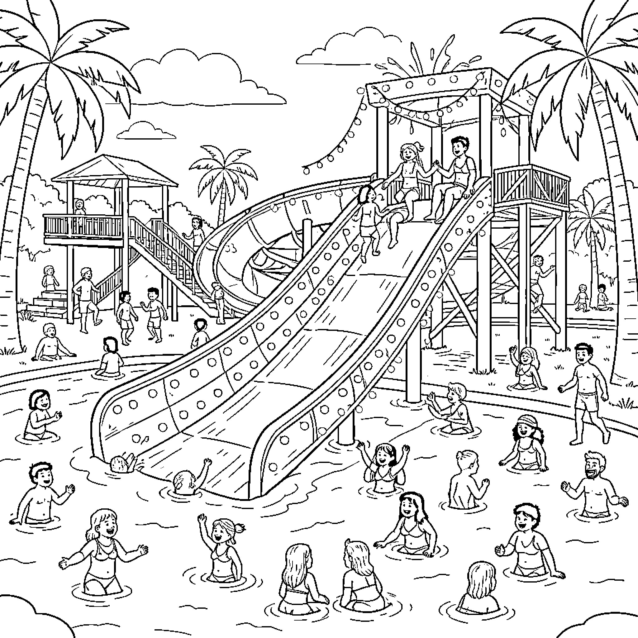 Tobogán y niños jugando alegremente en el parque acuático Coloring Page (free black-and-white line drawing printable PDF for all, from beginners to advanced learners, including children, teens, adults, and seniors)