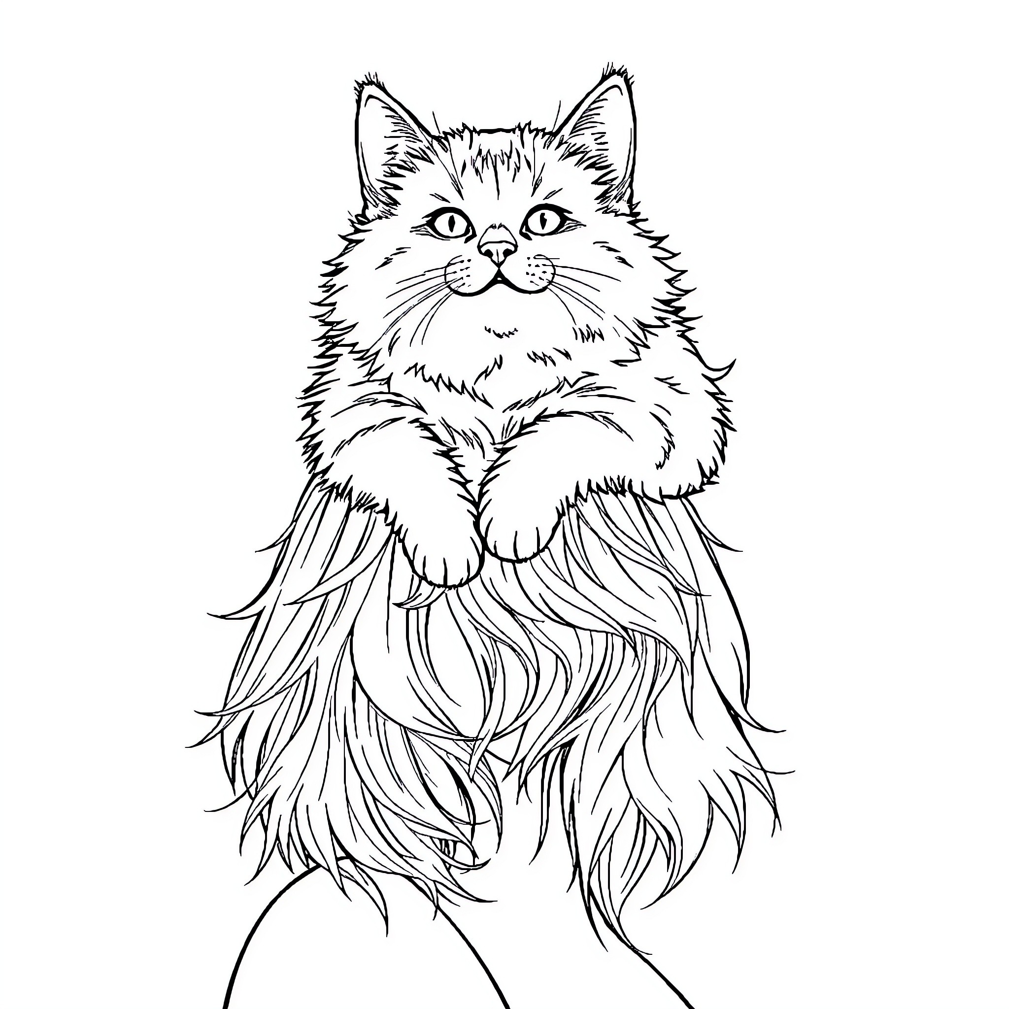 Cat with Flowing Fur Coloring Page (free black-and-white line drawing printable PDF for all, from beginners to advanced learners, including children, teens, adults, and seniors)