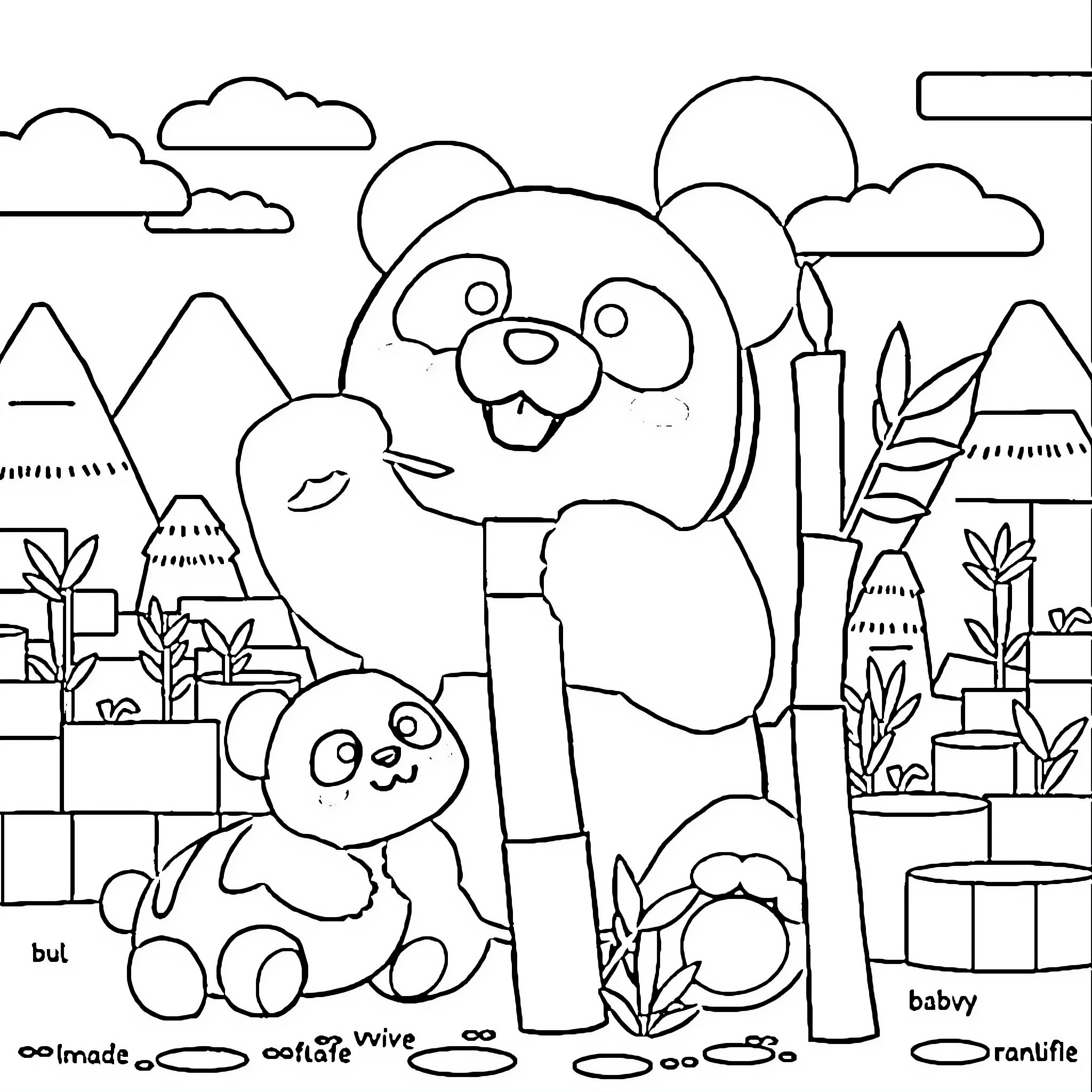 Panda family enjoying nature scenery Coloring Page (free black-and-white line drawing printable PDF for all, from beginners to advanced learners, including children, teens, adults, and seniors)