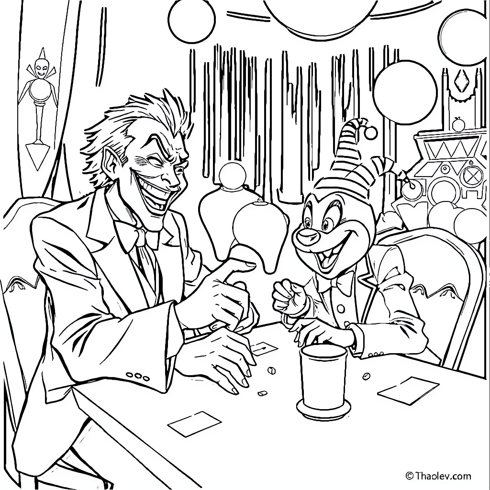Joker and clown companions engage in mischievous activities Coloring Page (free black-and-white line drawing printable PDF for all, from beginners to advanced learners, including children, teens, adults, and seniors)