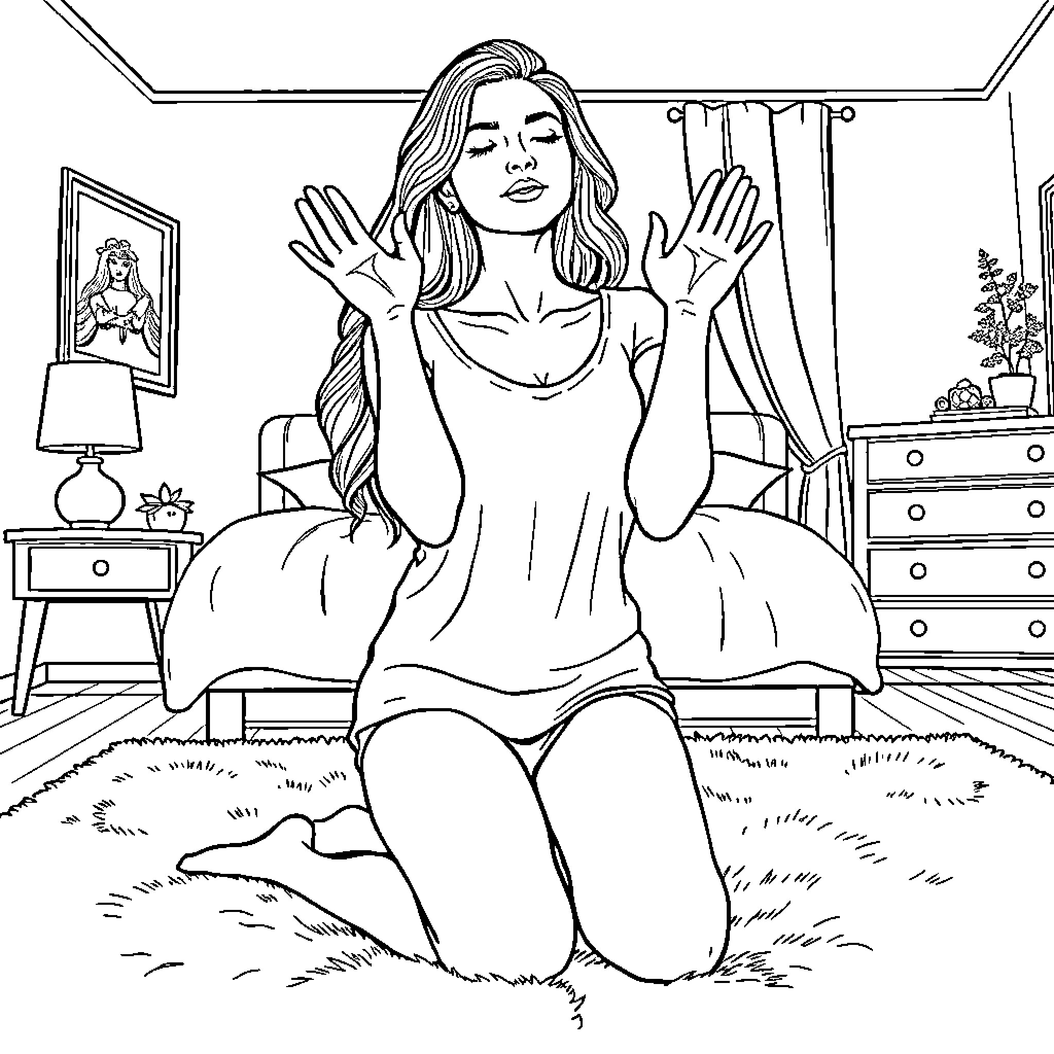 Lady Relaxing in Her Bedroom Coloring Page (free black-and-white line drawing printable PDF for all, from beginners to advanced learners, including children, teens, adults, and seniors)