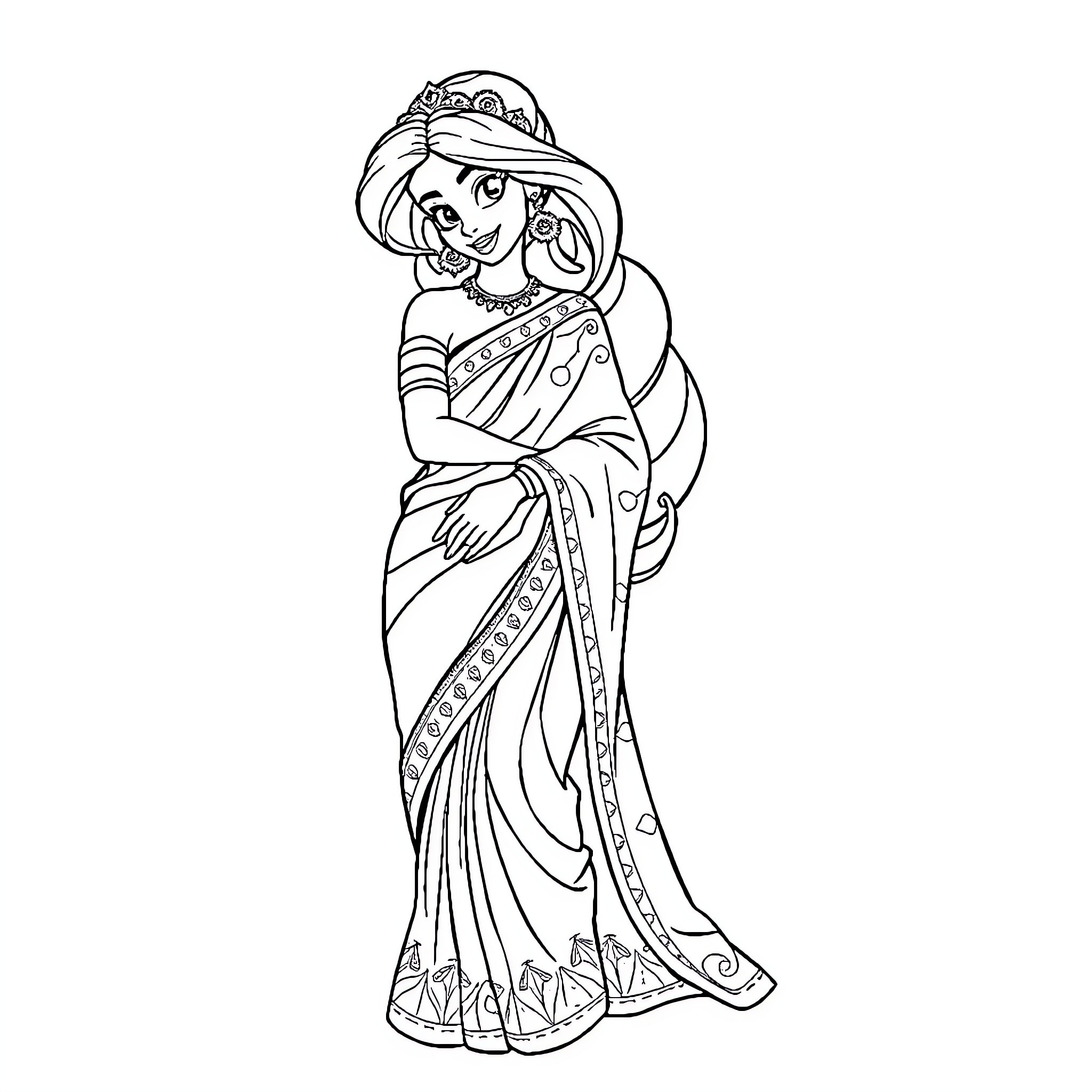 Jasmine in Traditional Indian Attire Coloring Page (free black-and-white line drawing printable PDF for all, from beginners to advanced learners, including children, teens, adults, and seniors)