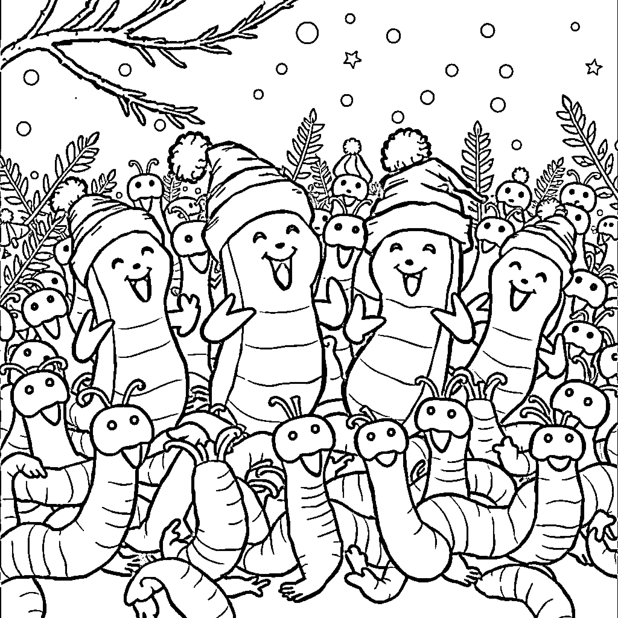 Bean characters celebrating in a winter scene Coloring Page (free black-and-white line drawing printable PDF for all, from beginners to advanced learners, including children, teens, adults, and seniors)
