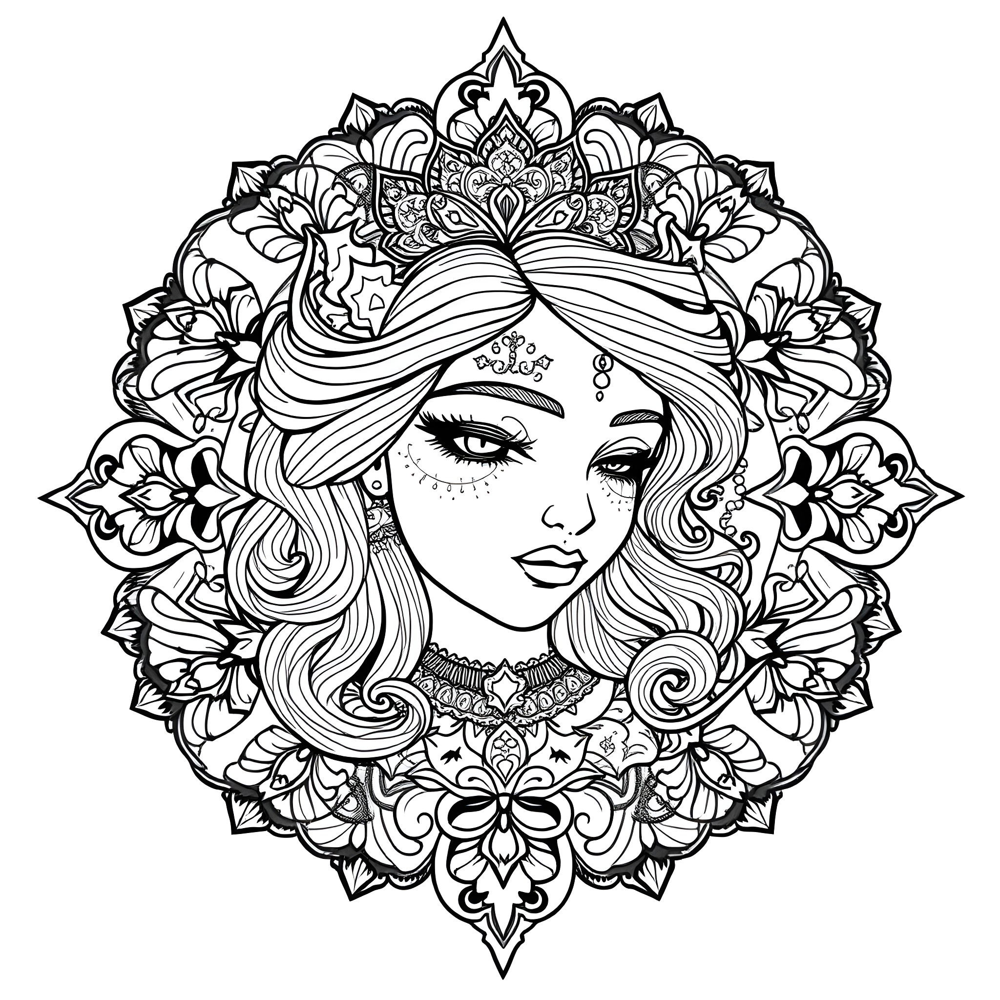 Princess in Ornate Floral Frame Coloring Page (free black-and-white line drawing printable PDF for all, from beginners to advanced learners, including children, teens, adults, and seniors)