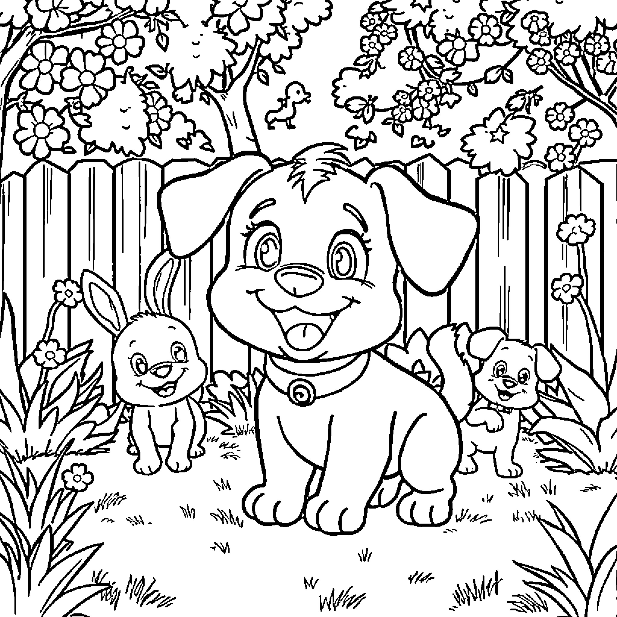 Bluey's Playful Adventure in the Enchanted Garden Coloring Page (free black-and-white line drawing printable PDF for all, from beginners to advanced learners, including children, teens, adults, and seniors)