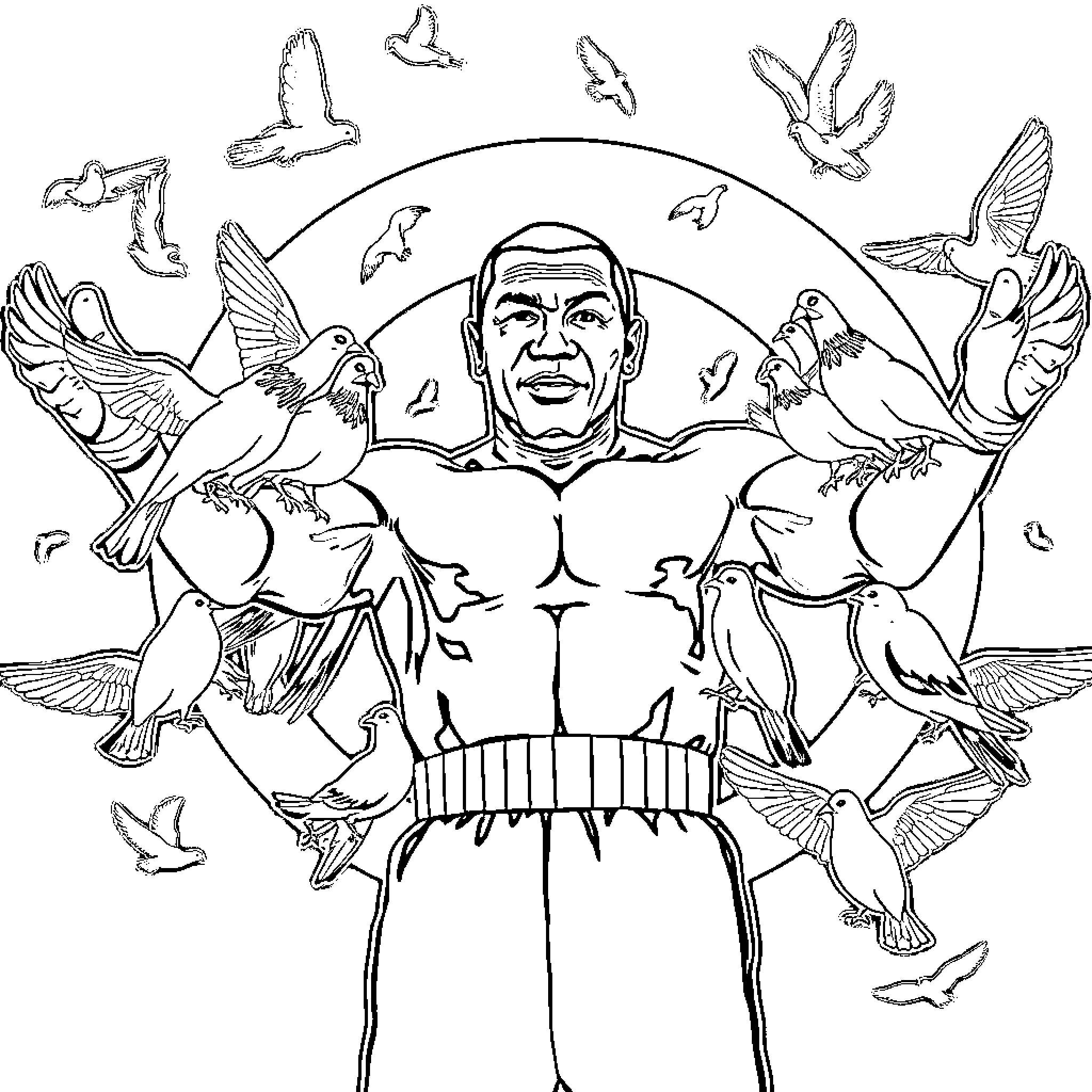 Pigeon man surrounded by flying birds Coloring Page (free black-and-white line drawing printable PDF for all, from beginners to advanced learners, including children, teens, adults, and seniors)