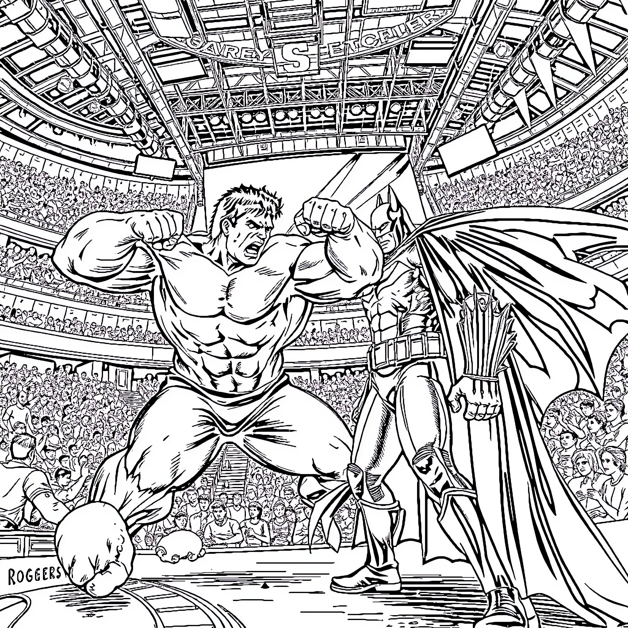 Hulk and Batman Battle in Superhero Stadium Coloring Page (free black-and-white line drawing printable PDF for all, from beginners to advanced learners, including children, teens, adults, and seniors)