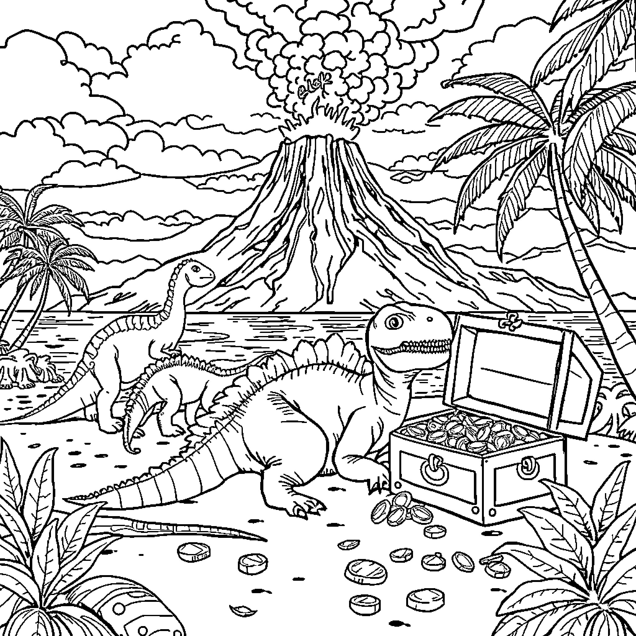 Dinosaur adventure in the prehistoric landscape Coloring Page (free black-and-white line drawing printable PDF for all, from beginners to advanced learners, including children, teens, adults, and seniors)