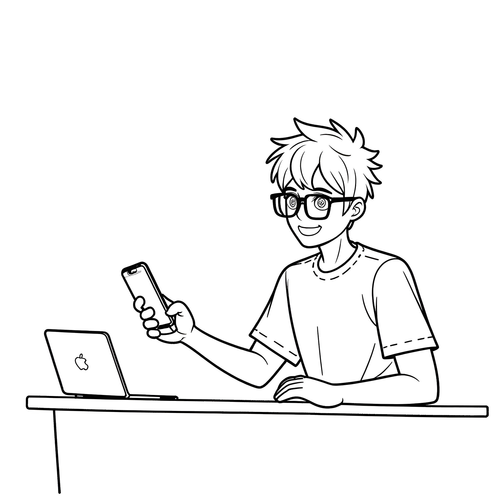 Guy using laptop and smartphone at desk Coloring Page (free black-and-white line drawing printable PDF for all, from beginners to advanced learners, including children, teens, adults, and seniors)