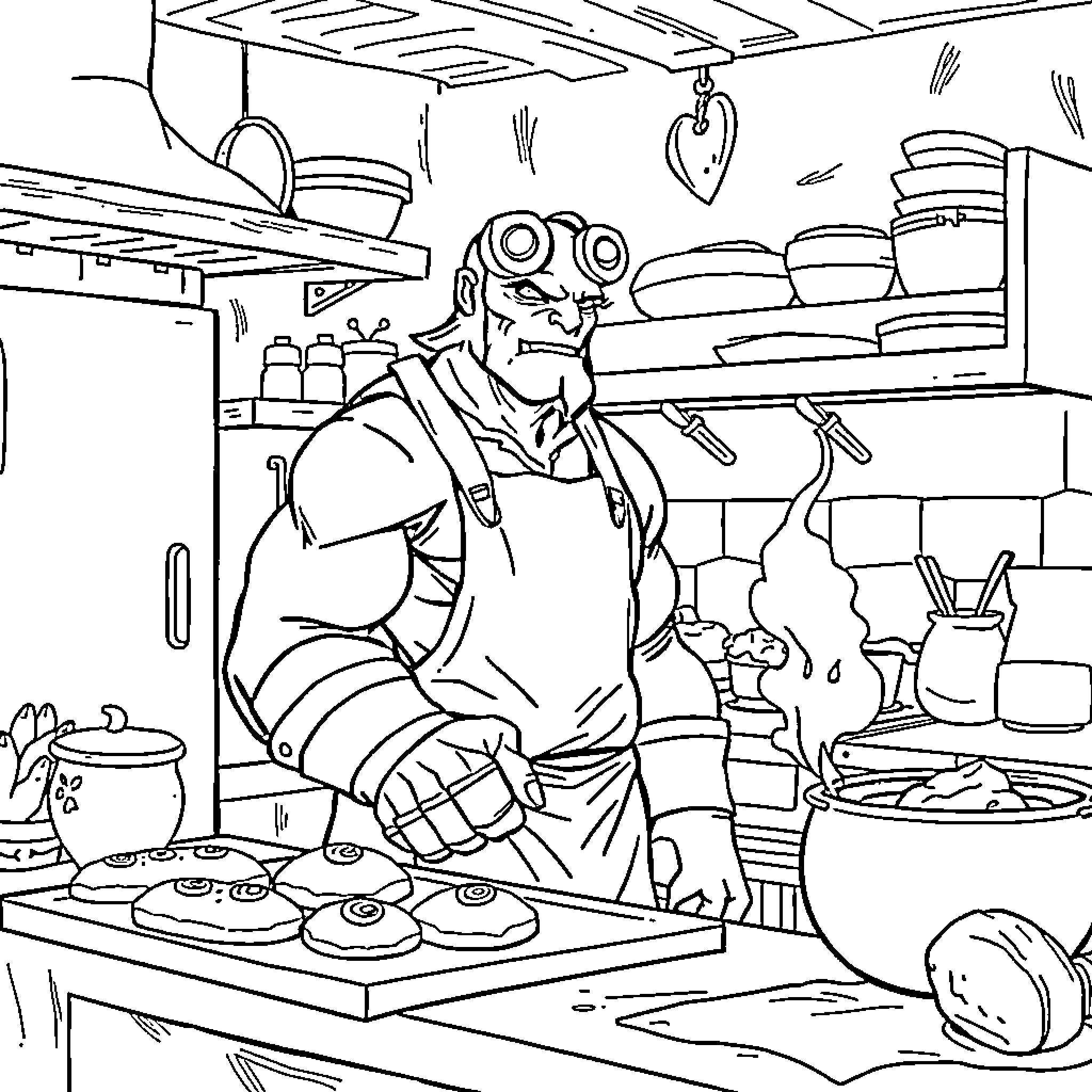 Hellboy cooking in a messy kitchen Coloring Page (free black-and-white line drawing printable PDF for all, from beginners to advanced learners, including children, teens, adults, and seniors)