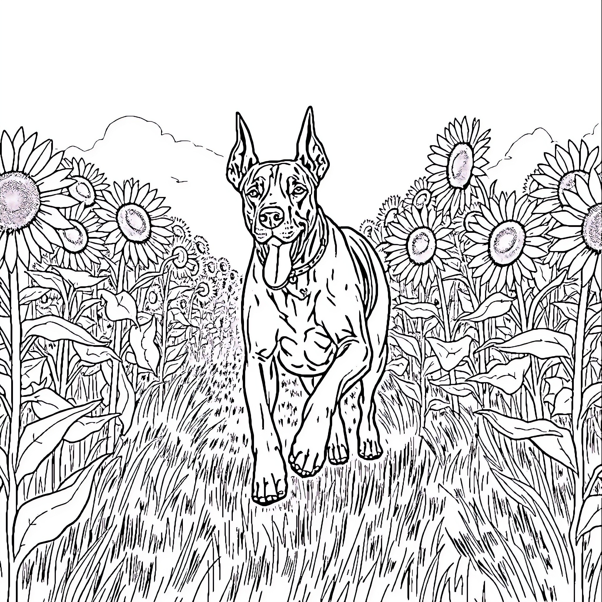 Great Dane exploring a vibrant flower field Coloring Page (free black-and-white line drawing printable PDF for all, from beginners to advanced learners, including children, teens, adults, and seniors)